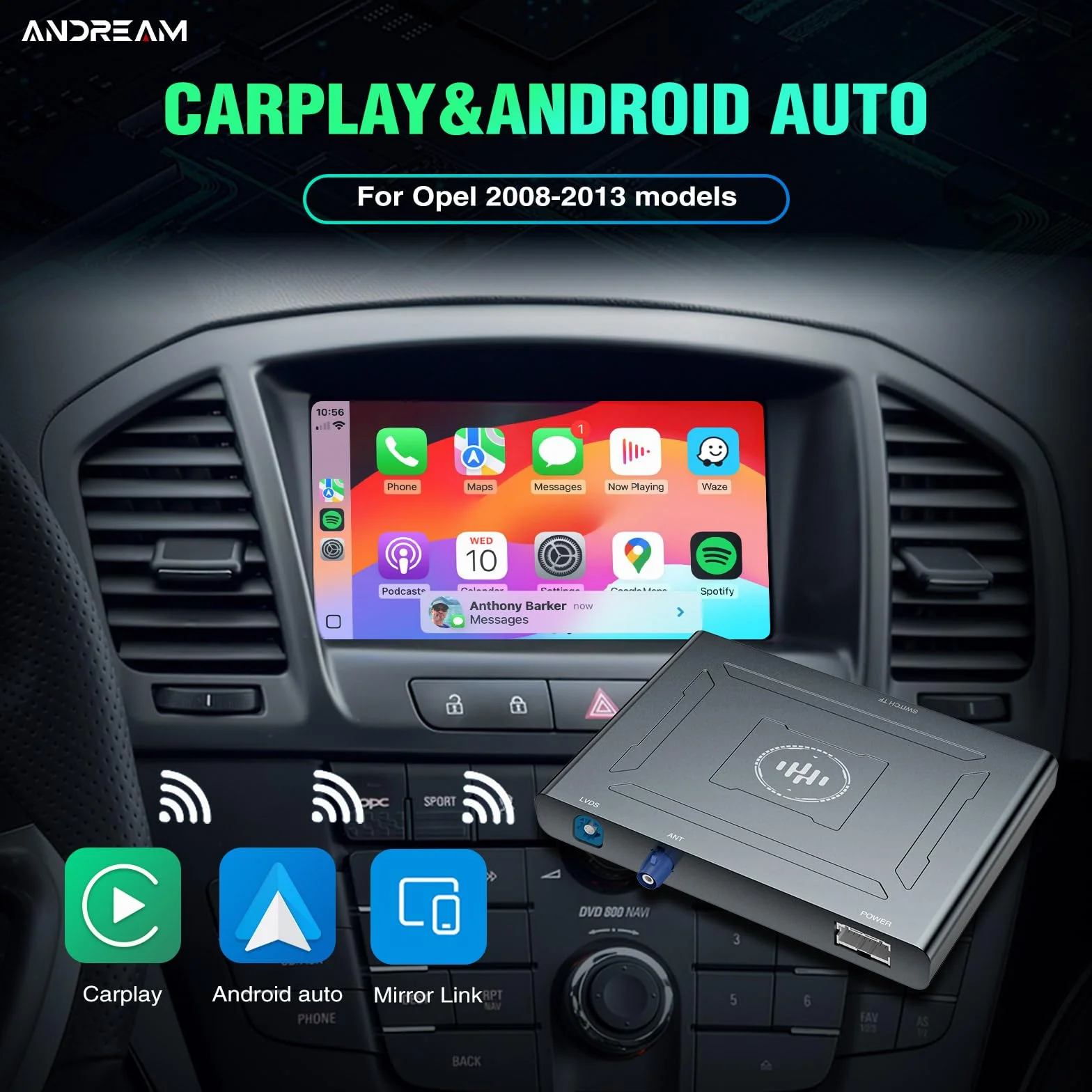 ANDREAM bezprzewodowy zestaw CarPlay Android Auto AirPlay Mirror Link do Opel 2008-2016