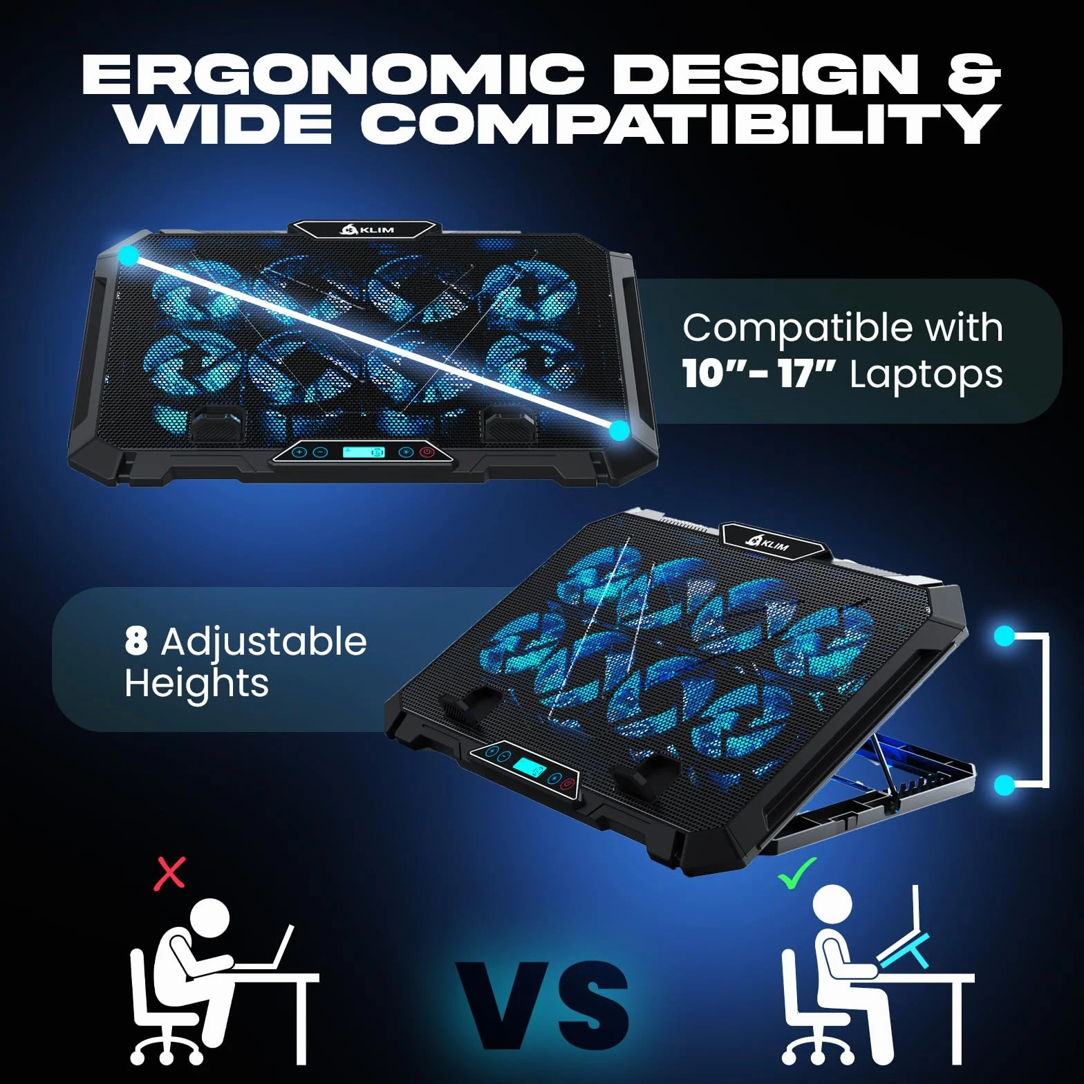 KLIM V8 podkładka chłodząca do laptopa gamingowego z 8 wentylatorami RGB, stojak, maks. 17"