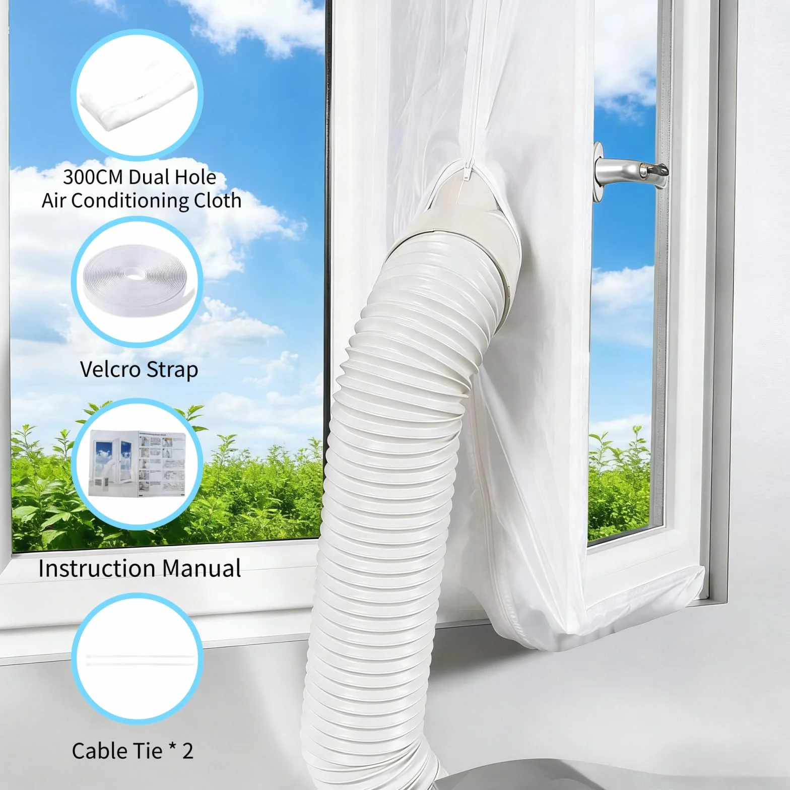 300 cm Uszczelka okienna do mobilnej klimatyzacji, przenośna tkanina uszczelniająca do klimatyzacji z podwójnym zamkiem błyskawicznym, łatwa instalacja