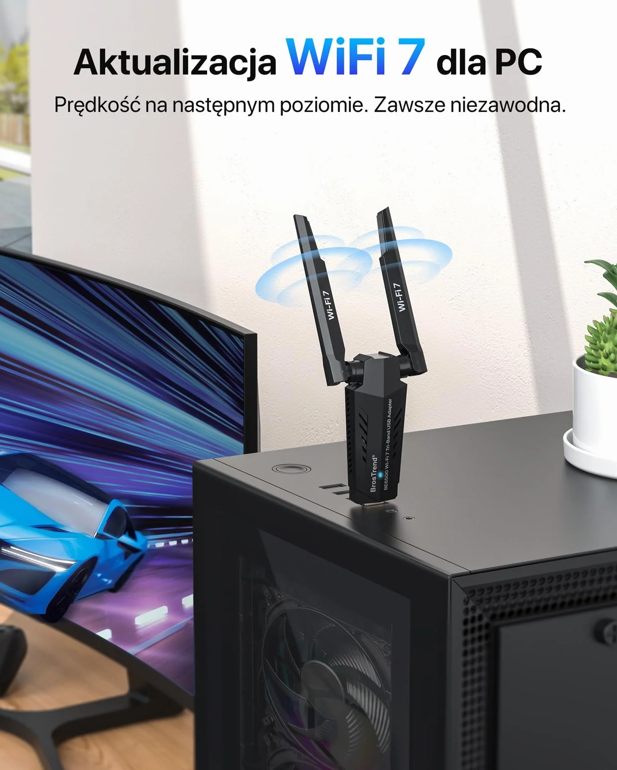 BrosTrend BE6500 USB WiFi 7 Adapter, trójpasmowy 6 GHz + 5 GHz + 2,4 GHz, niskie opóźnienie, antena Wi-Fi dla Windows 11/10