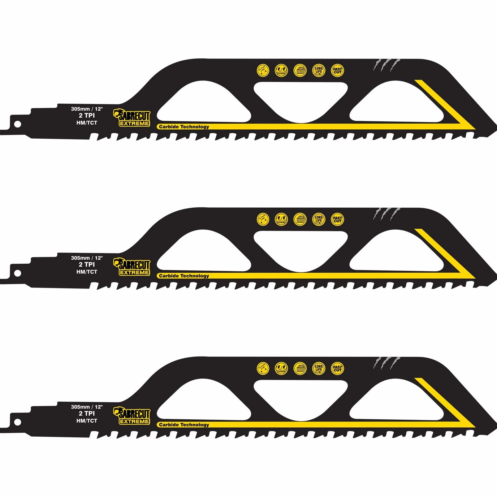SabreCut 3pcs SCRS1243HM_3 305mm 2 TPI S1243HM Brzeszczoty szablaste | Zęby z węglika wolframu zapewniają długą żywotność w murze i materiałach budowlanych