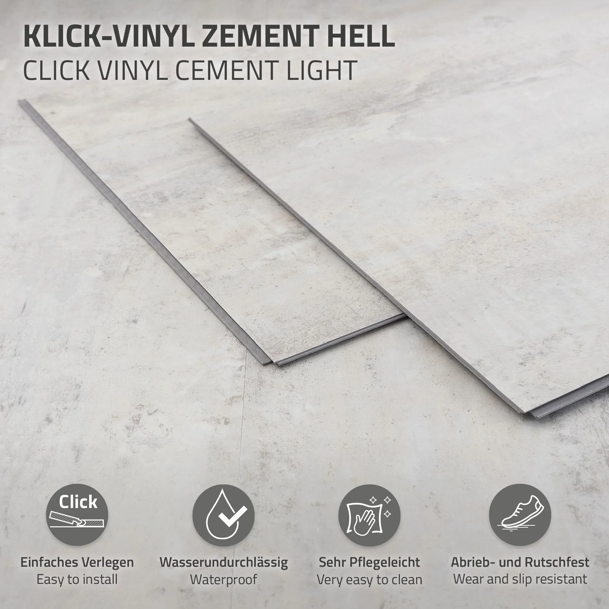 ML-Design Podloga Winylowa Klik, Panele Winylowe z Systemem Klik i Izolacja Akustyczna, Antyposlizgowe, Wodoodporne 9,3 m² / 50 Desek, 61 × 30,5 cm, Grubosc 4,2 mm Szare Efekt Jasnego Betonu