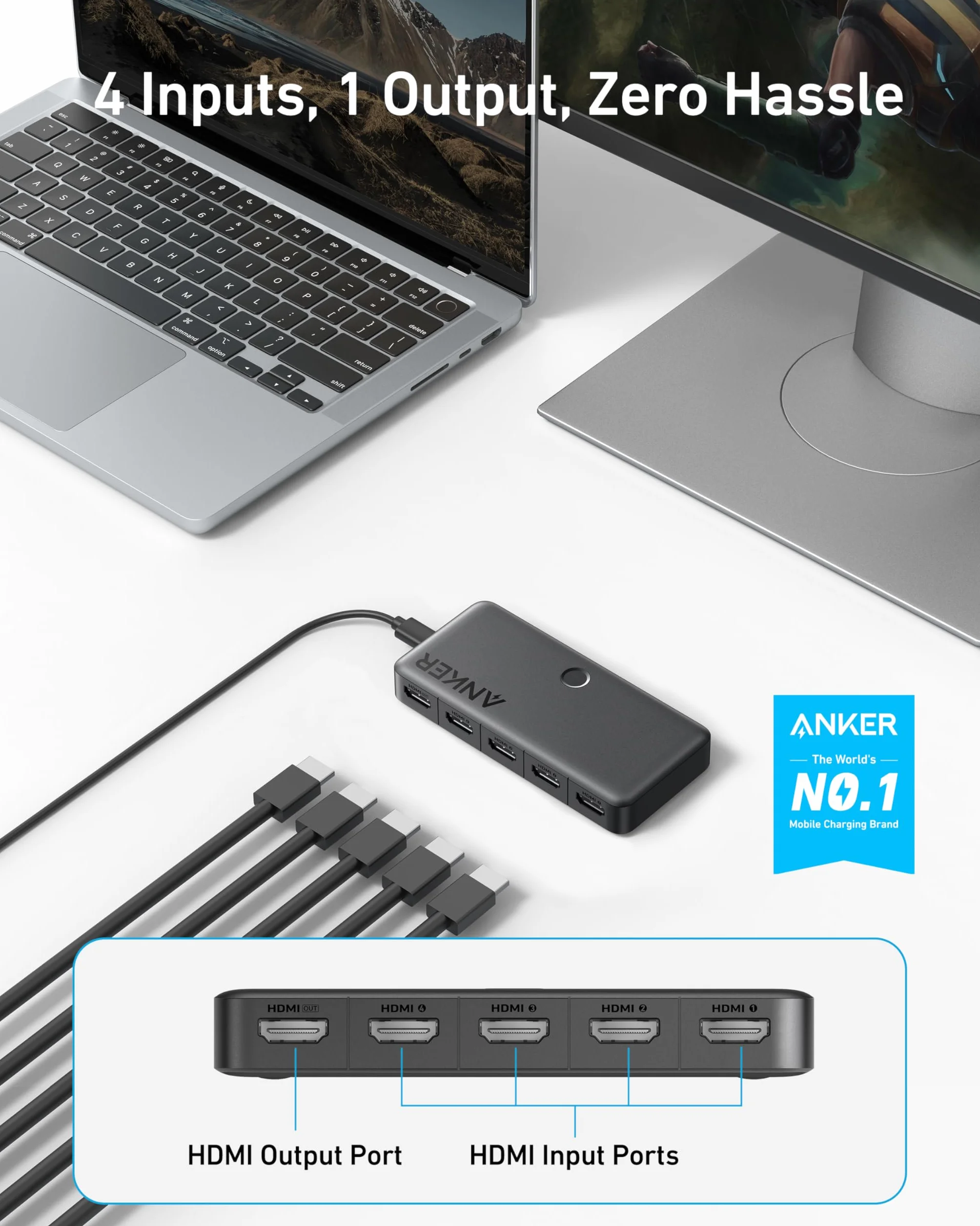 Anker HDMI Switch Bi-Directional 4K@60Hz 4-in-1 Metal Splitter with LED Indicators