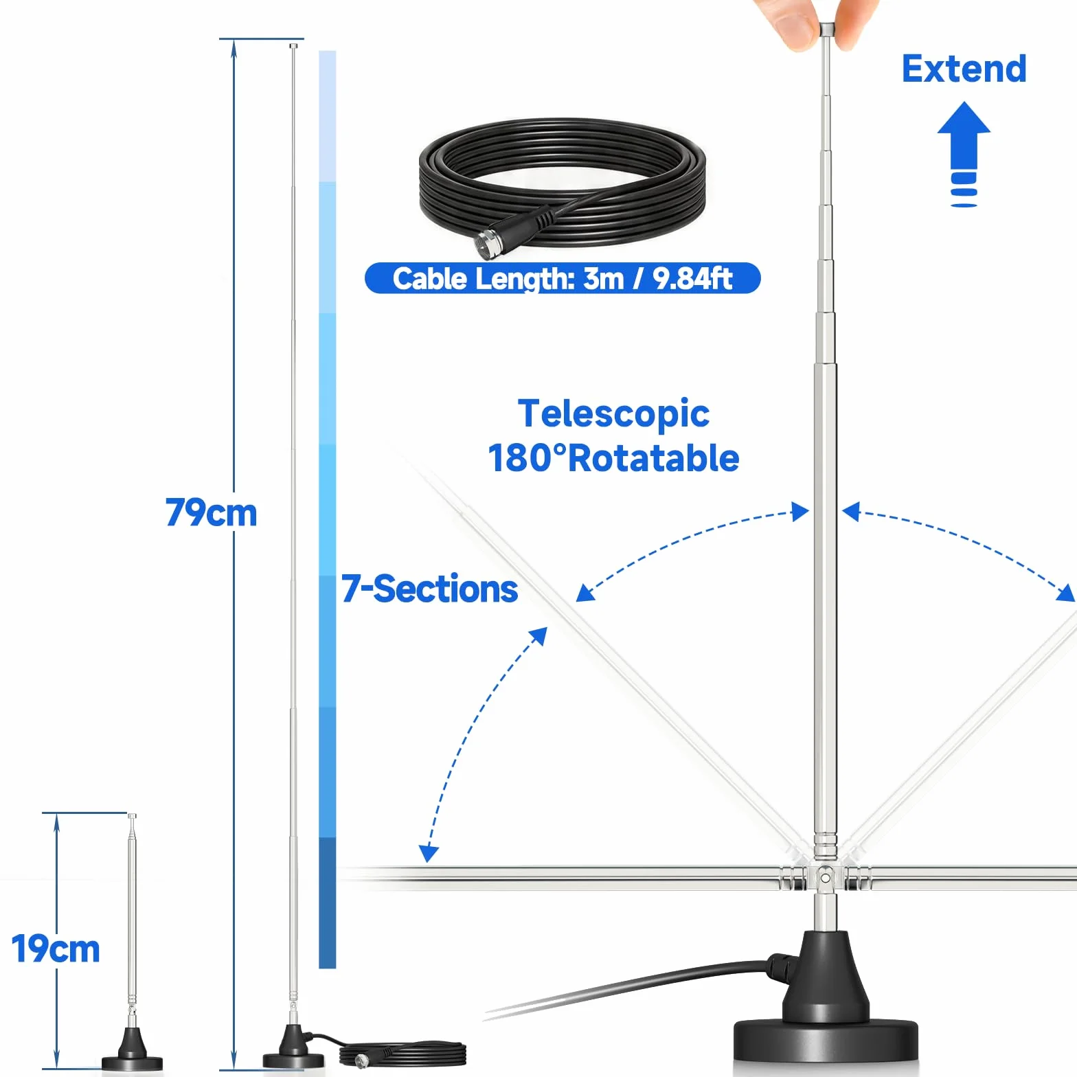 Bingfu DAB Antena Radiowa FM Wewnętrzna Teleskopowa Magnetyczna Podstawa 3 m 75 Omów