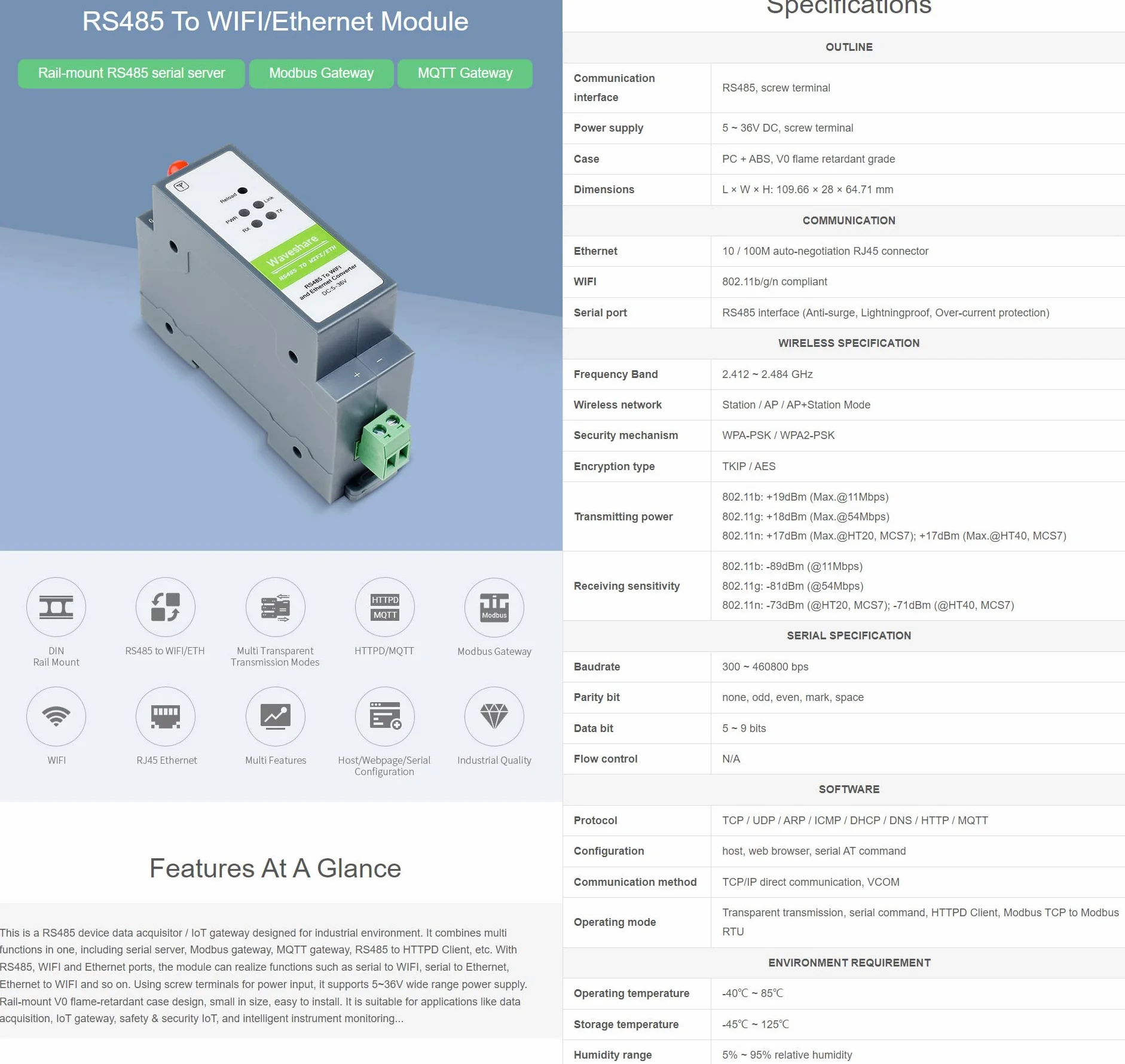 Waveshare RS485 WiFi Ethernet Module Rail-Mount Serial Server Modbus MQTT Gateway