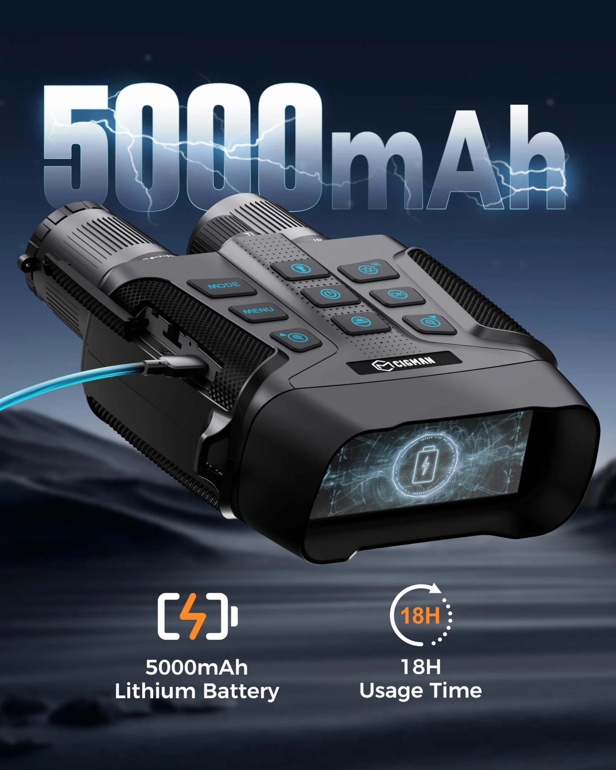 CIGMAN Gogle noktowizyjne 600 m HD 1080P 4" 5000 mAh lornetka na podczerwień f/1.0 5-krotny zoom cyfrowy