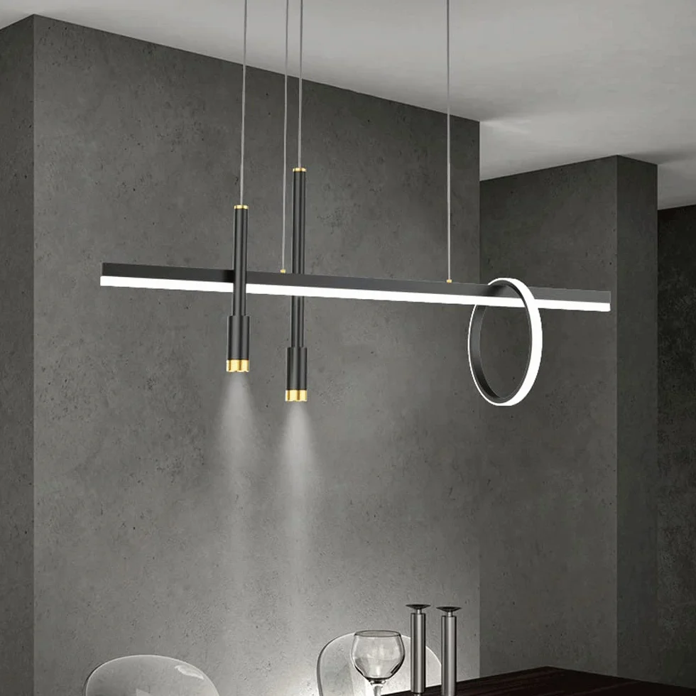 Lampa wisząca z długim pierścieniem, oświetlenie LED i reflektor, metalowa linka, prosta dekoracja do jadalni i salonu, regulowana lampa sufitowa, żyrandol z trójkolorowym oświetleniem.