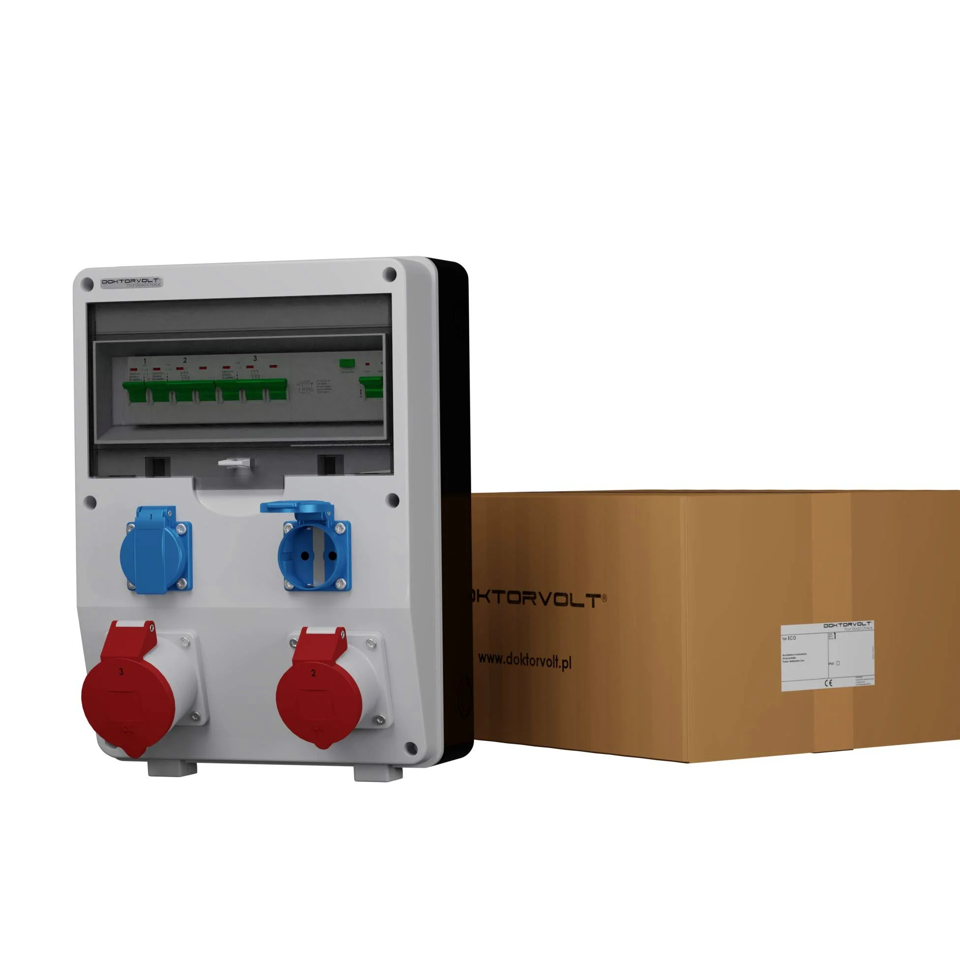 Rozdzielacz budowlany ECO-S/FI 1 x 16 A 1 x 32 A 2 x 230 rozdzielacz do gniazdka ściennego Bals puszki kompletny LSS/FI 6 kA rozdzielacz prądu Doktorvolt 2633