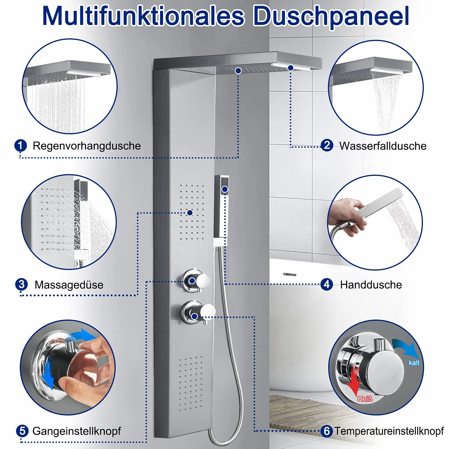 XMTECH Panel prysznicowy armatura prysznicowa ze stali nierdzewnej, system prysznicowy 4 w 1, deszczownica, montaż ścienny, zestaw prysznicowy z prysznicem do masażu i zestawem prysznicowym, słuchawka