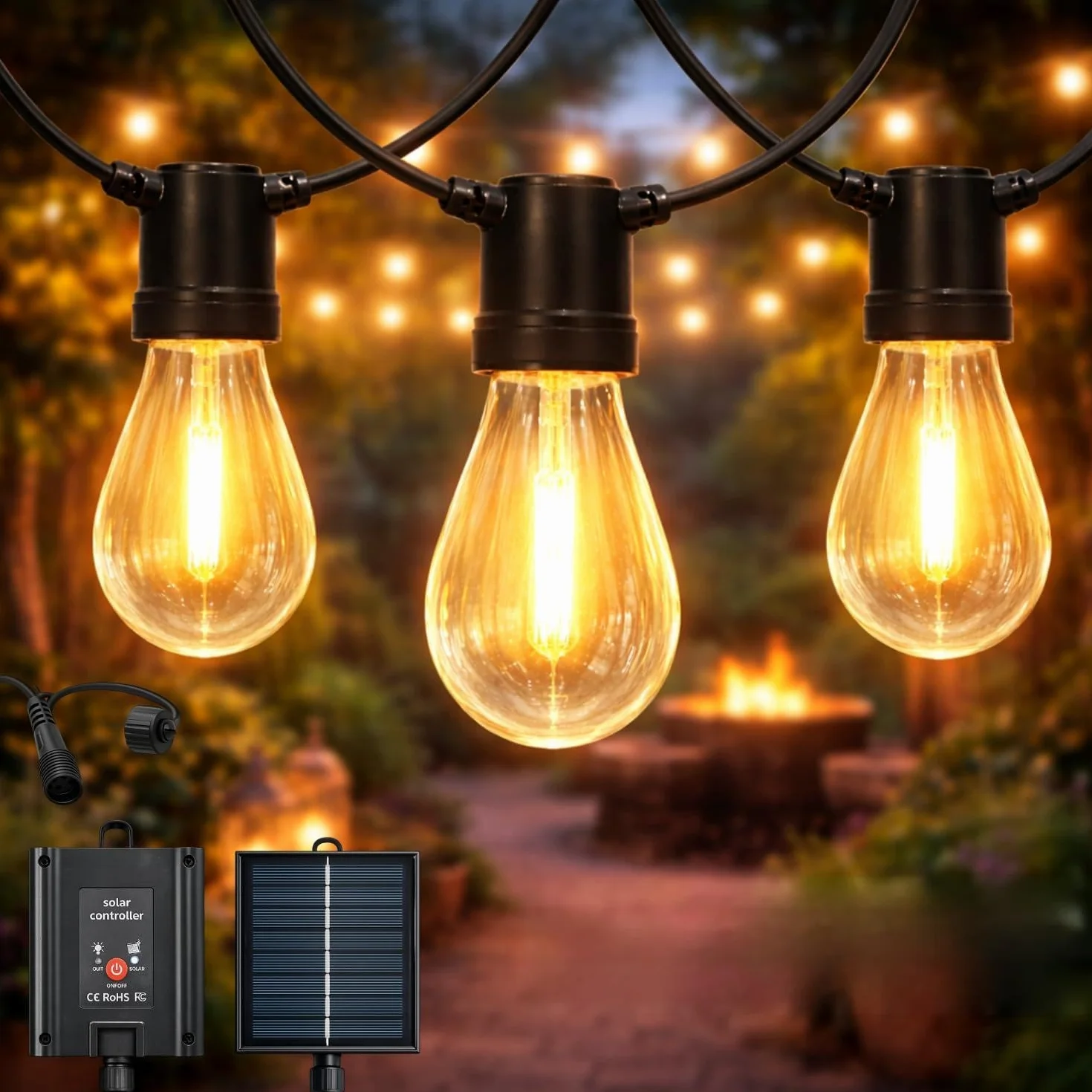 M mimotec - Zewnętrzny łańcuch solarny LED 6,5 m, ciepłe światło 2700 K, 10 żarówek, IP54 wodoodporny, dekoracja ogrodu, patio, fasada, taras