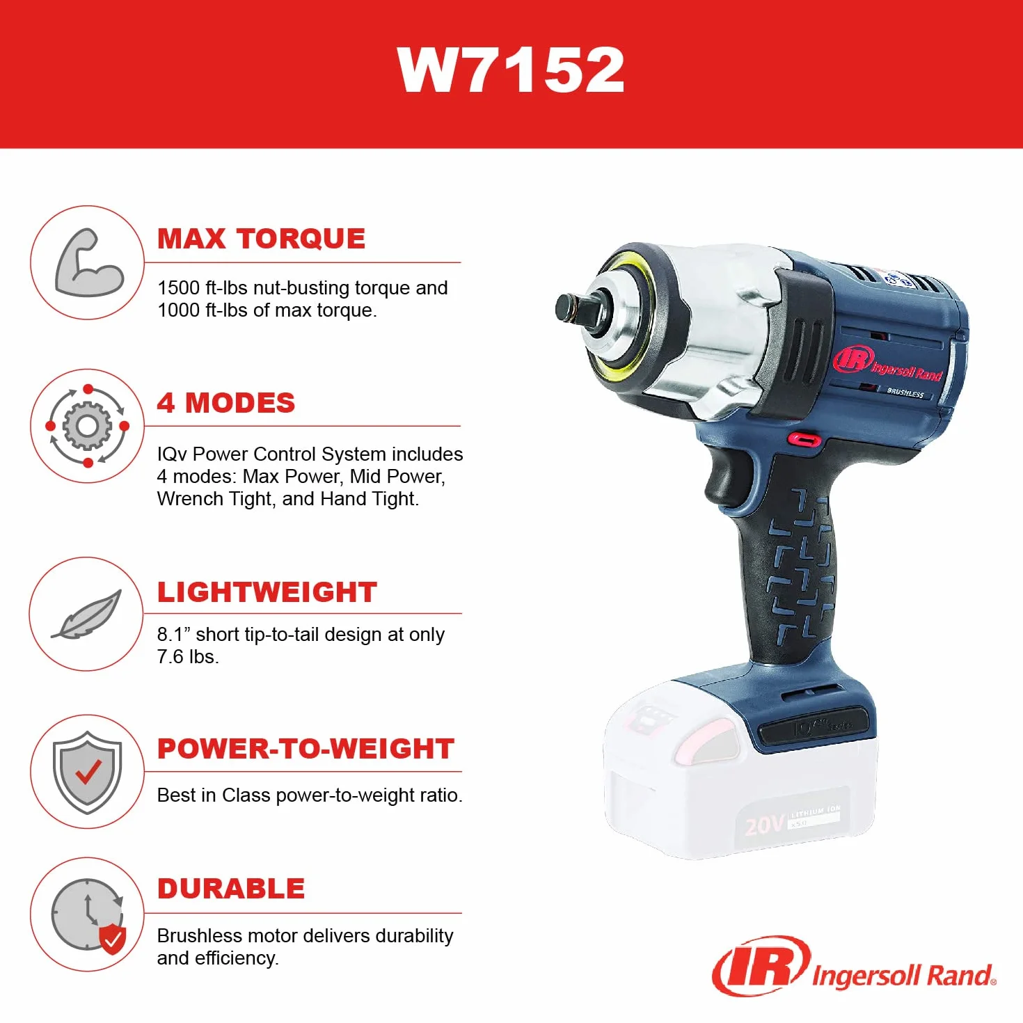 Ingersoll Rand Akumulatorowy klucz udarowy W7152, o wysokim momencie obrotowym, 1/2", 20 V, 3,45 kg, z silnikiem bezszczotkowym, tylko narzędzie