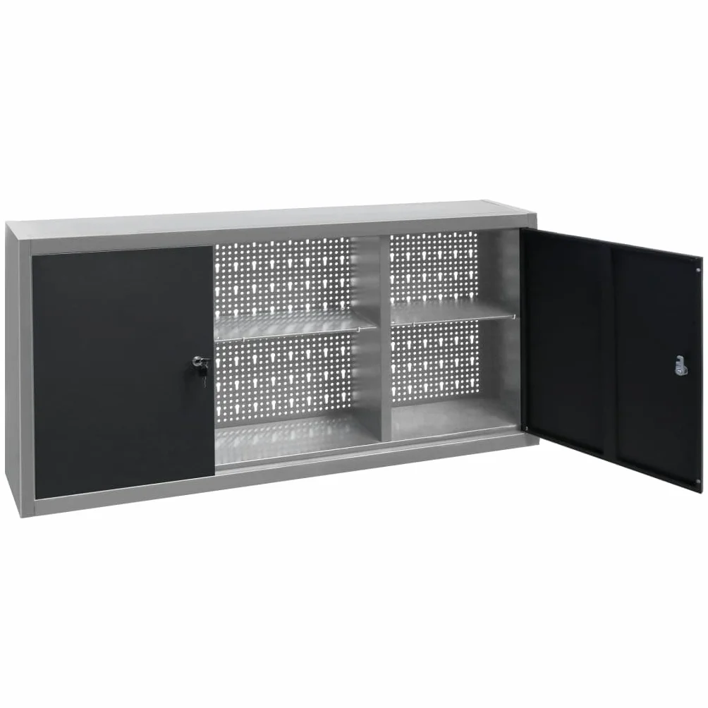 Ściana szafka narzędziowa w stylu przemysłowym, metalowa, szara, czarna, 120 x 19 x 60 cm, z 3 regulowanymi półkami, zamykana, do warsztatu, garażu, piwnicy, dla majsterkowiczów