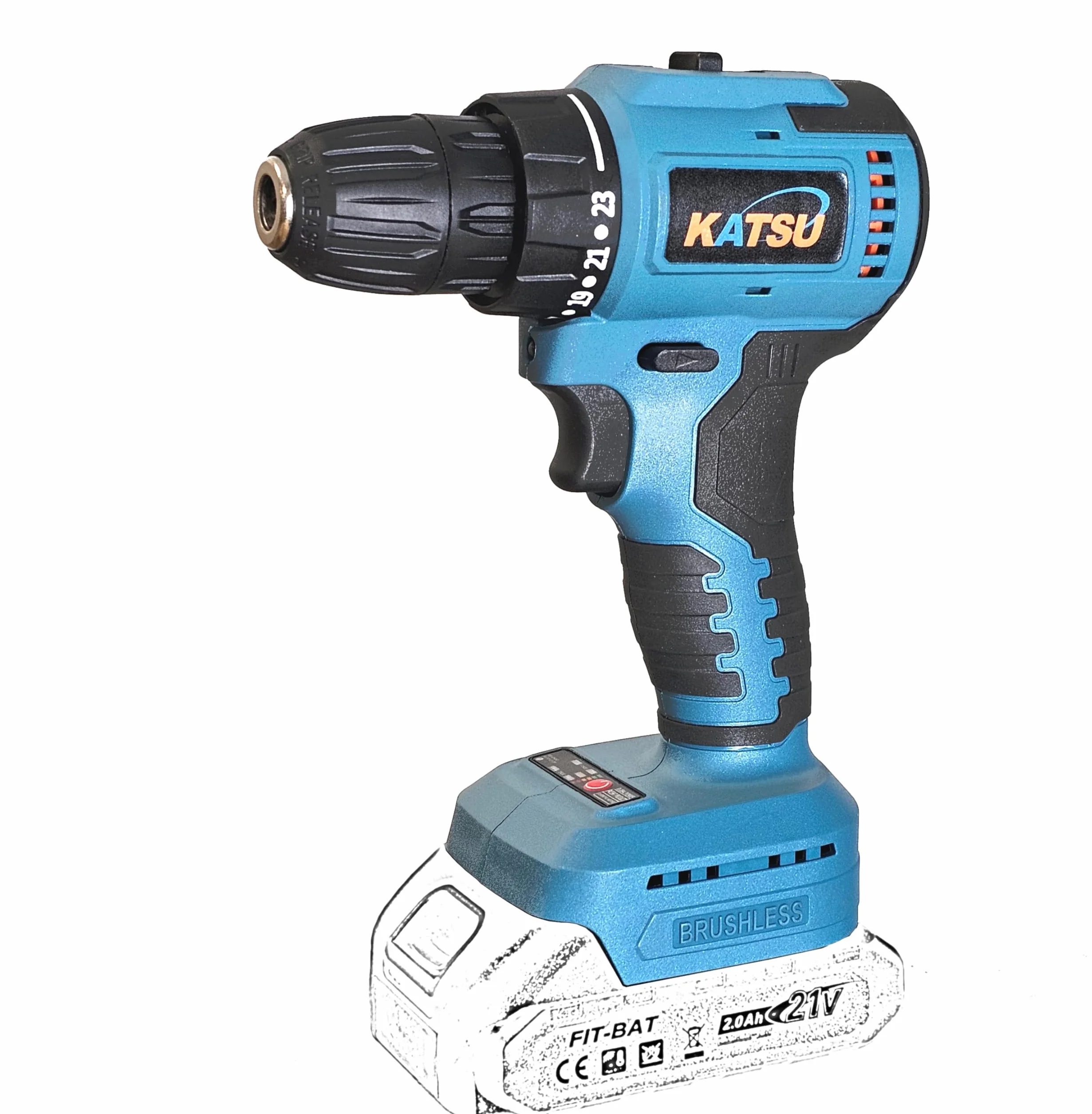 KATSU Tools KATSU FIT-BAT 21 V bezszczotkowa wiertarko-wkrętarka akumulatorowa, 10 mm uchwyt bezkluczykowy, 2 biegi biegów i światło LED, idealna do domowych zadań DIY, bez baterii i ładowarki 102363