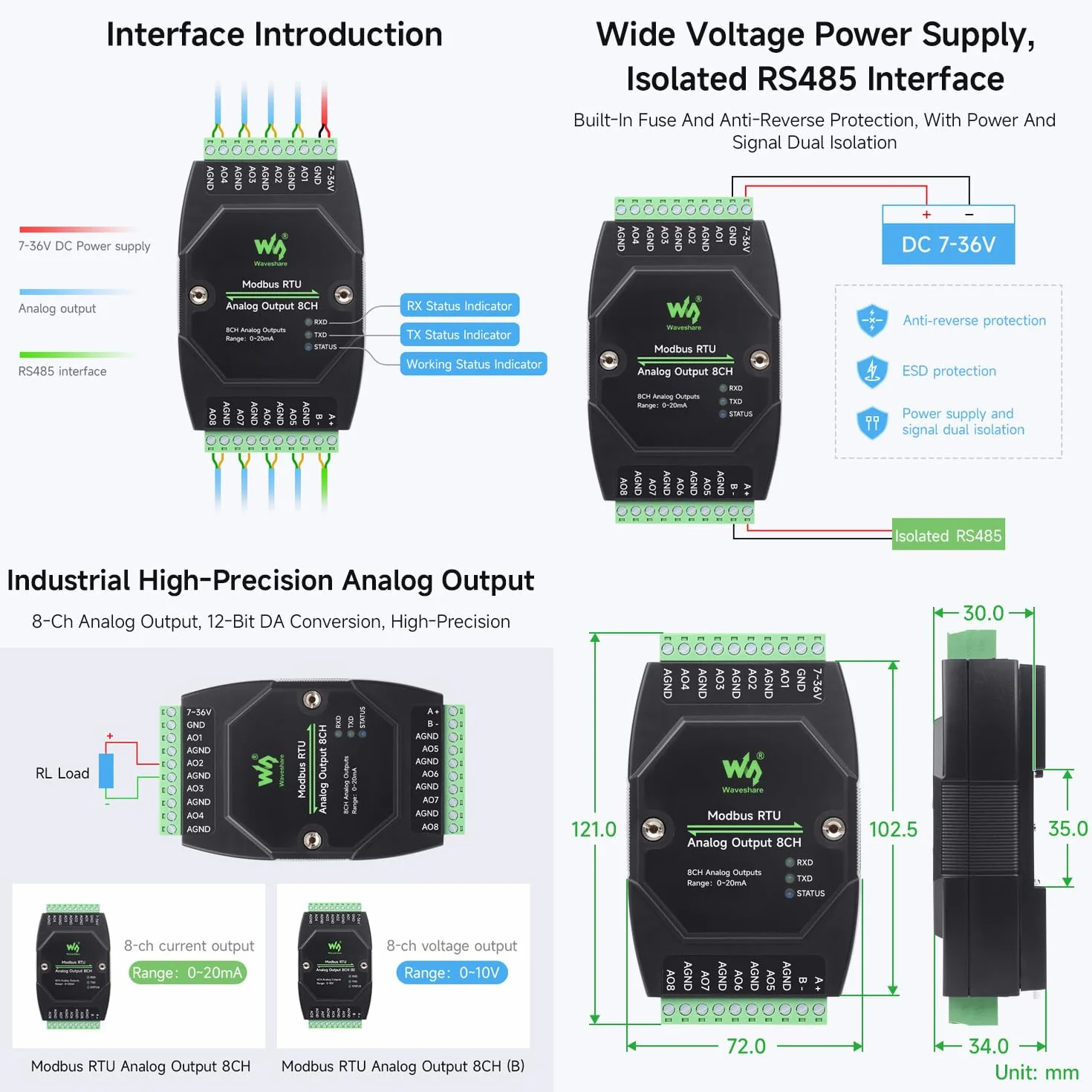 Waveshare Industrial 8-Ch Analog Output Module 12-Bit DA Modbus RTU DC 7-36V