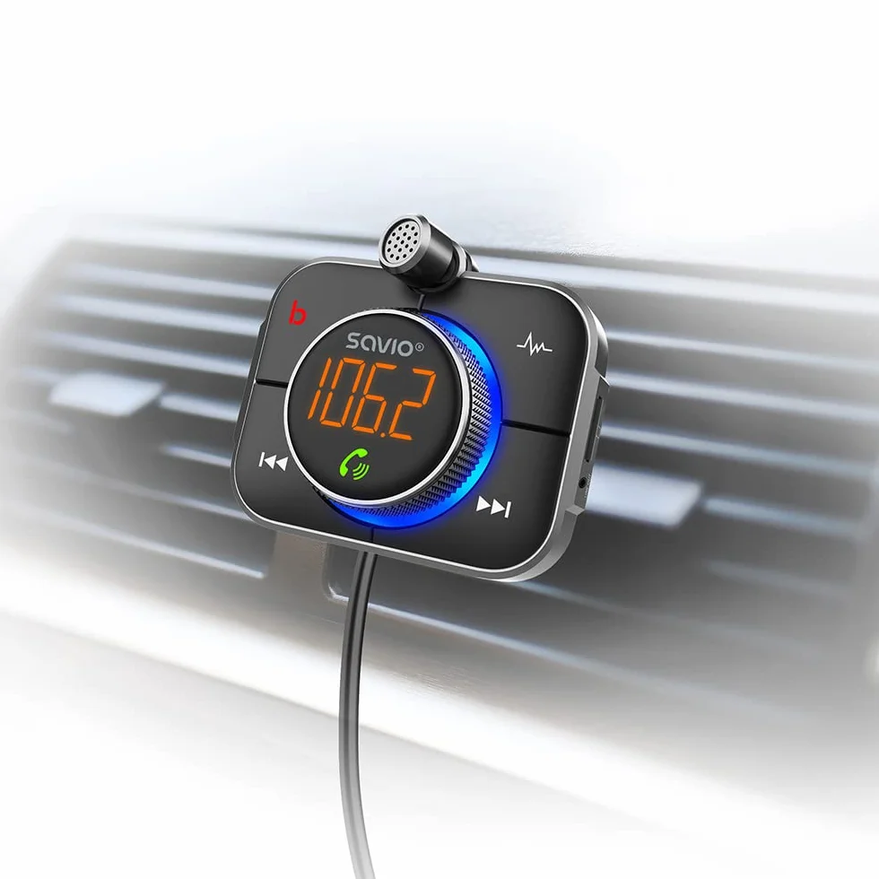 SAVIO Adapter Bluetooth do zapalniczki samochodowej - Nadajnik FM do samochodu Bluetooth - Adapter Bluetooth do samochodu - Adapter Bluetooth do radia samochodowego - Bluetooth 5.0 - Karta SD