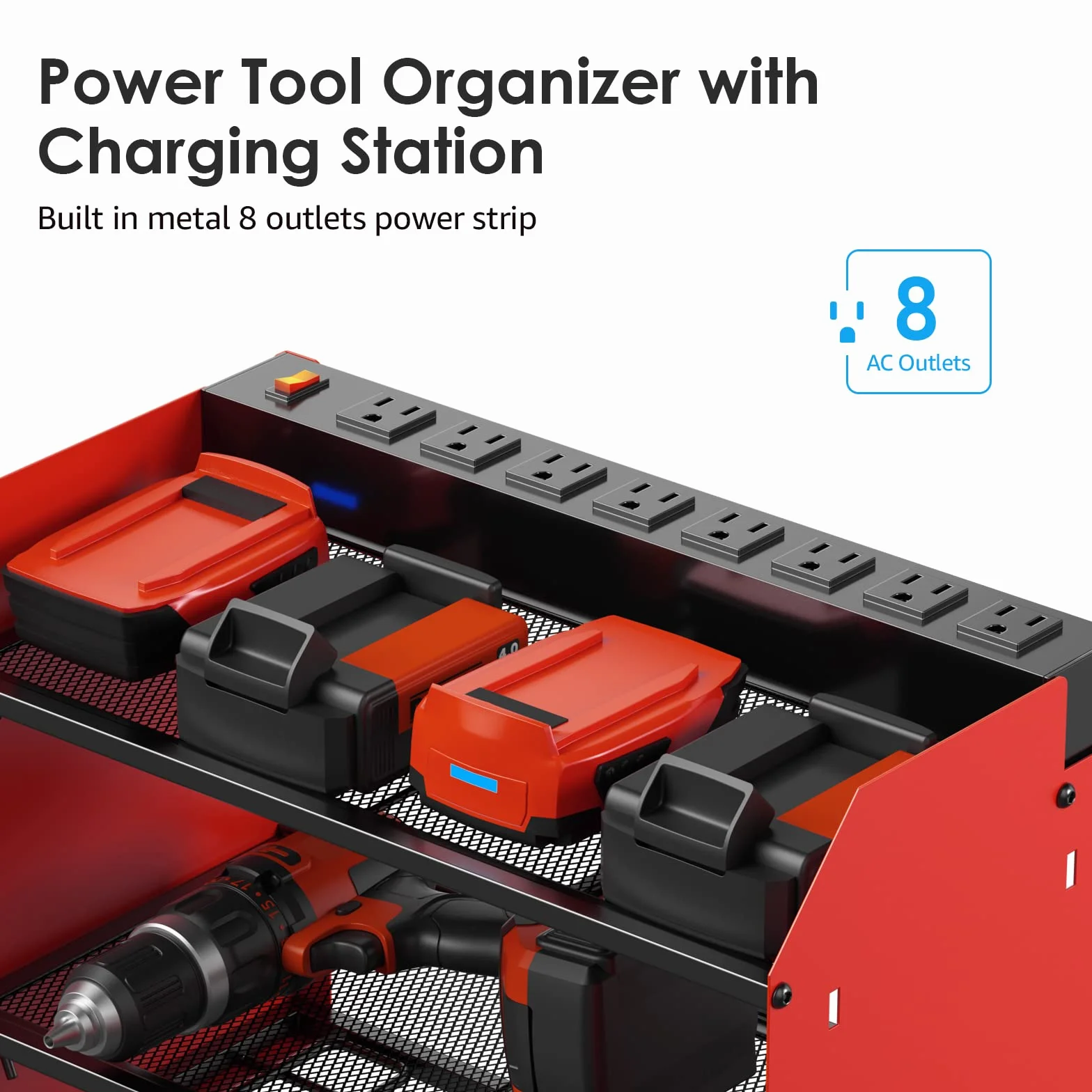 CCCEI Organizer na elektronarzędzia ze stacją ładującą, metalowy stojak garażowy, wbudowane 8 gniazd, uchwyt ścienny, wytrzymała półka na narzędzia warsztatowe, do uchwytu wiertarskiego.