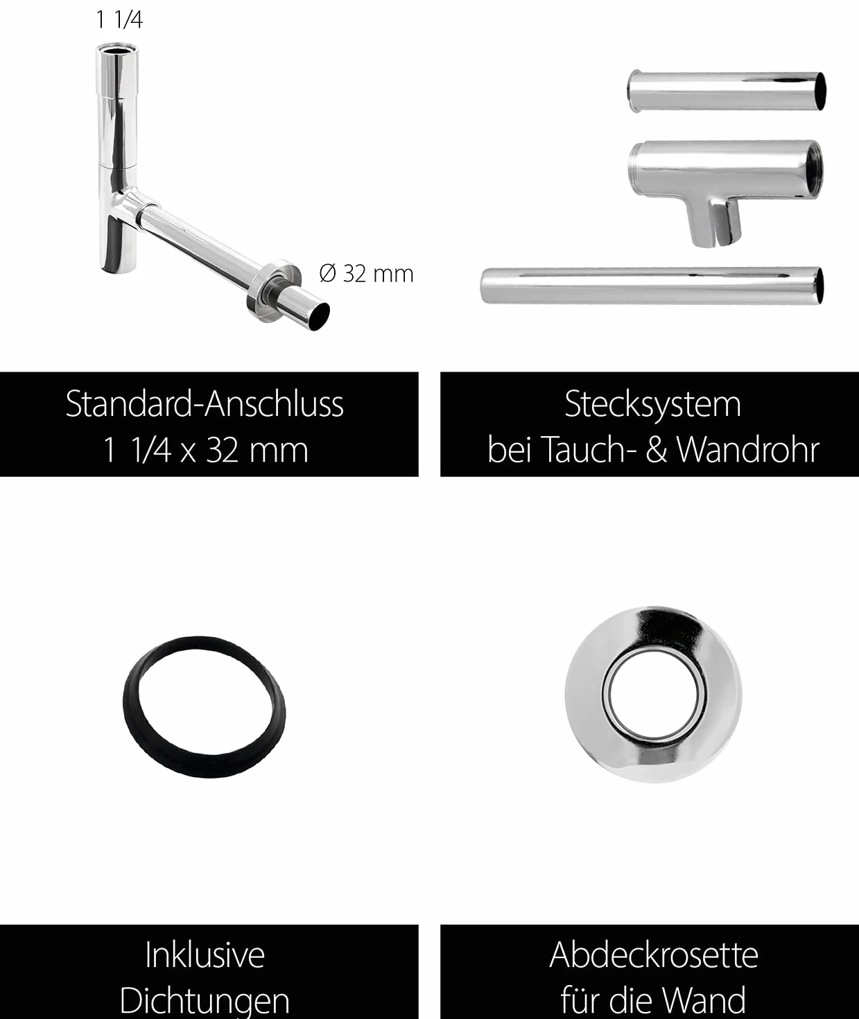 'aquaSu® luksusowy syfon na butelkę, 1 1/4 x 32 mm, otwór do czyszczenia, chrom, zamknięcie przeciwzapachowe do umywalki, okrągły syfon o długości 300 mm, metal, 22686 8