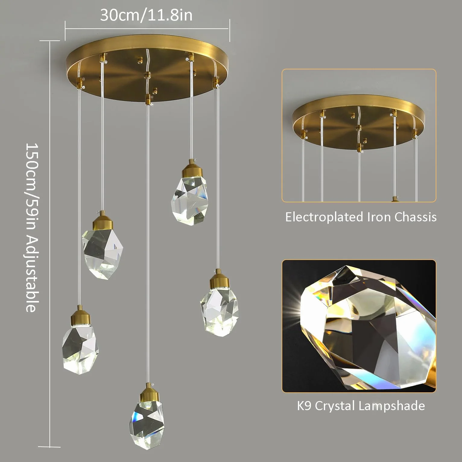 Nowoczesna kryształowa lampa wisząca, 3 kolory LED kryształowa lampa wisząca, regulowana wysokość, złota sufitowa lampa wisząca do wyspy kuchennej, sypialni, jadalni (Złoty, 5-palnikowy)