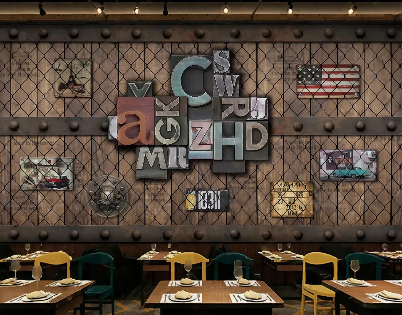 Nostalgiczna tapeta retro drut kolczasty angielskie litery bar centrum handlowe zachodnia restauracja tło ścienne popołudniowa herbata kawa tapeta, 3D, 350x245cm