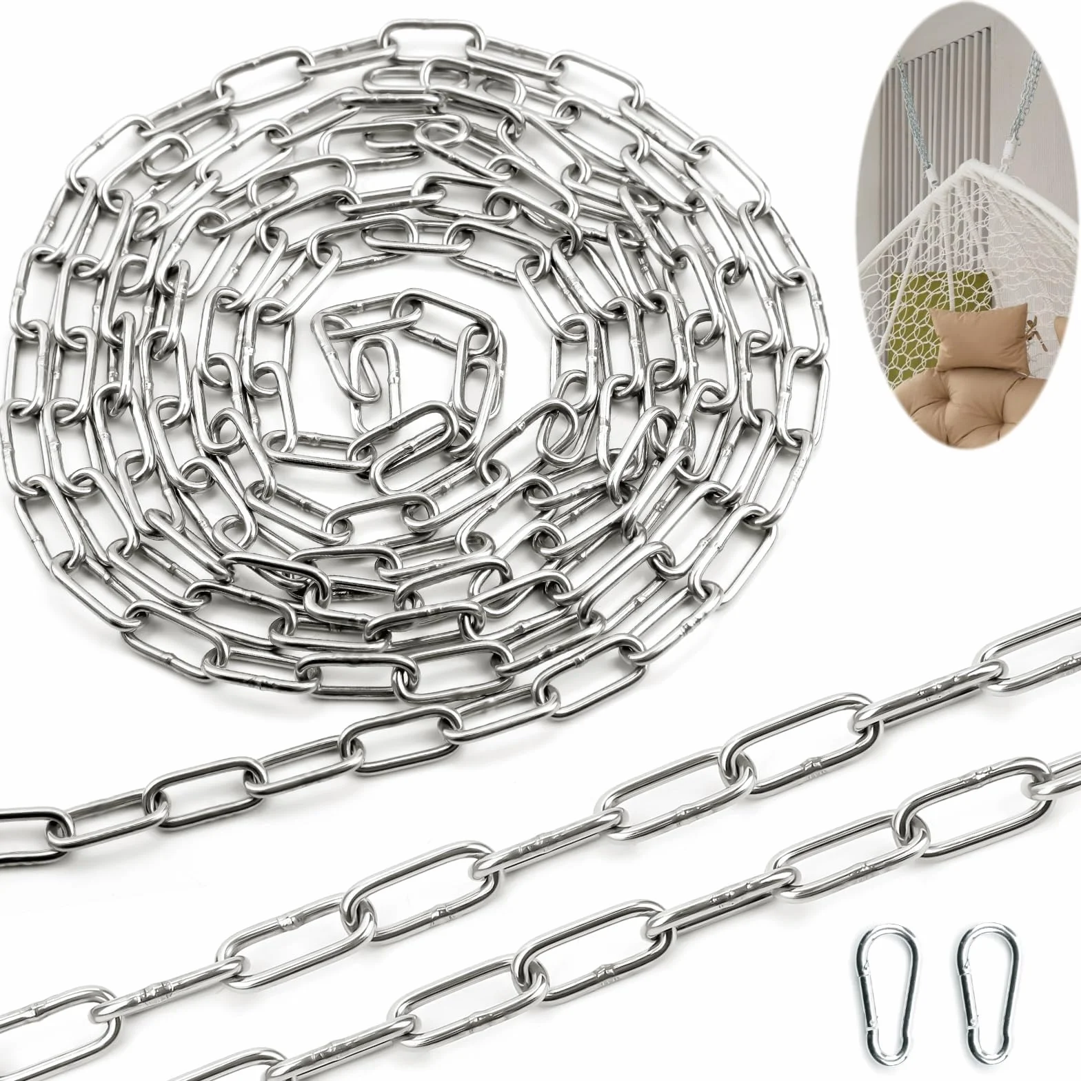 SWTYExt Łańcuch ze stali nierdzewnej 304, 3 mm, 2 m, wytrzymałe metalowe ogniwo z karabińczykiem do kłódki do bramy, huśtawka wisząca, zamek rowerowy i ochrona zwierząt domowych