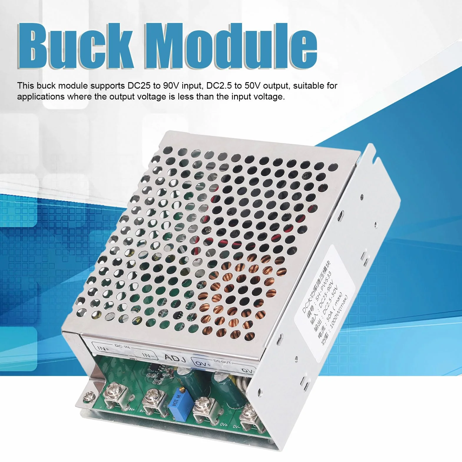 Moduł Obniżający Napięcie DC-DC 50A 1000W Wejście DC25-90V Regulowane Wyjście DC2,5-50V z Wentylatorem