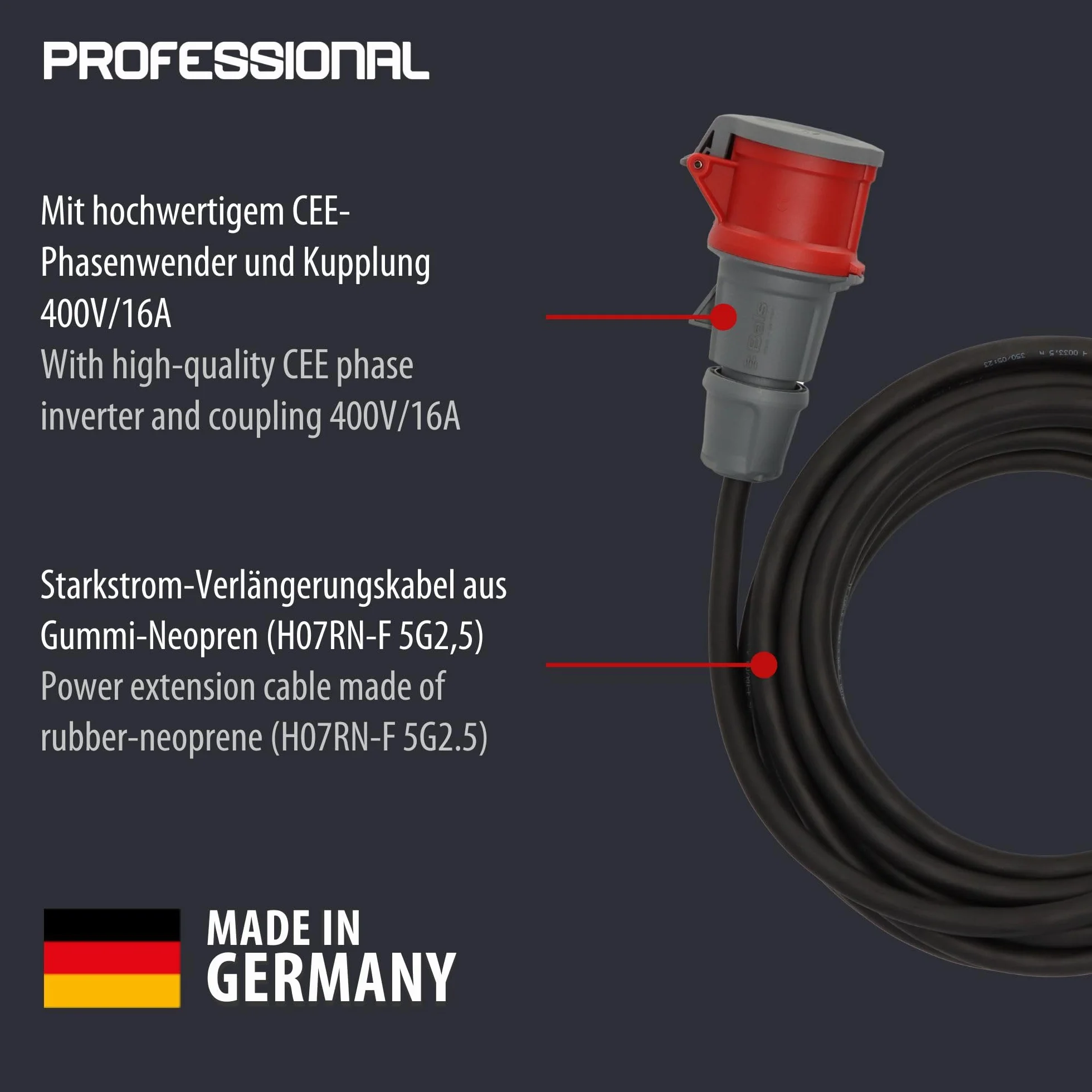 Brennenstuhl Professional Przedłużacz CEE z przetwornikiem fazy IP44 (10m kabel, H07RN-F 5G2,5, 5-biegunowy z przetwornikiem fazy CEE i sprzęgłem, do użytku zewnętrznego IP44, Made in Germany) czarny