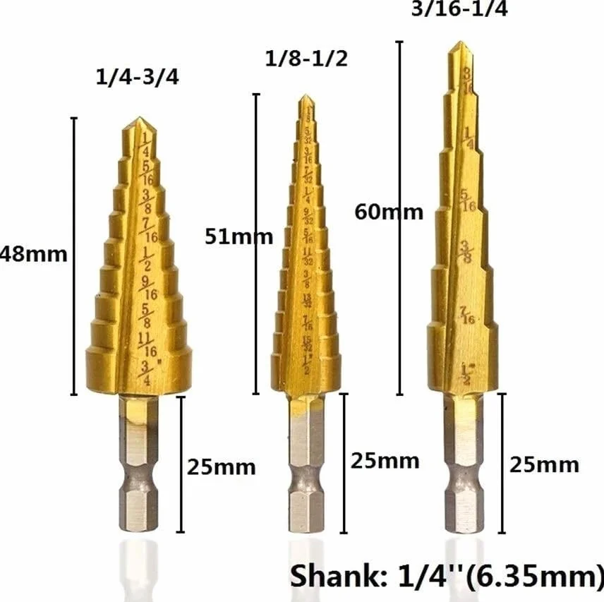 Wiertła do metalu, wiertło stopniowe z rowkiem spiralnym, wiertło stopniowe 1/8"-3/4" cala Wiertło stożkowe HSS z powłoką tytanową do wiertła do drewna/metalu Wiertło stopniowe (kolor: nr 4 1I4 3I4) (