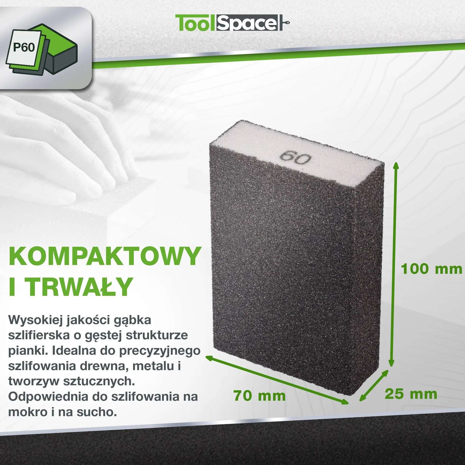 ToolSpace 6x Kostka ścierna Twarda gradacja 60 Gąbki Szlifierskie Set Gąbek Ściernych do Polerowania Ponowne Użycie Wysoka Trwałość Czyszczenia Wygładzenia Drewna Metalu Lakieru Tworzyw sztucznych
