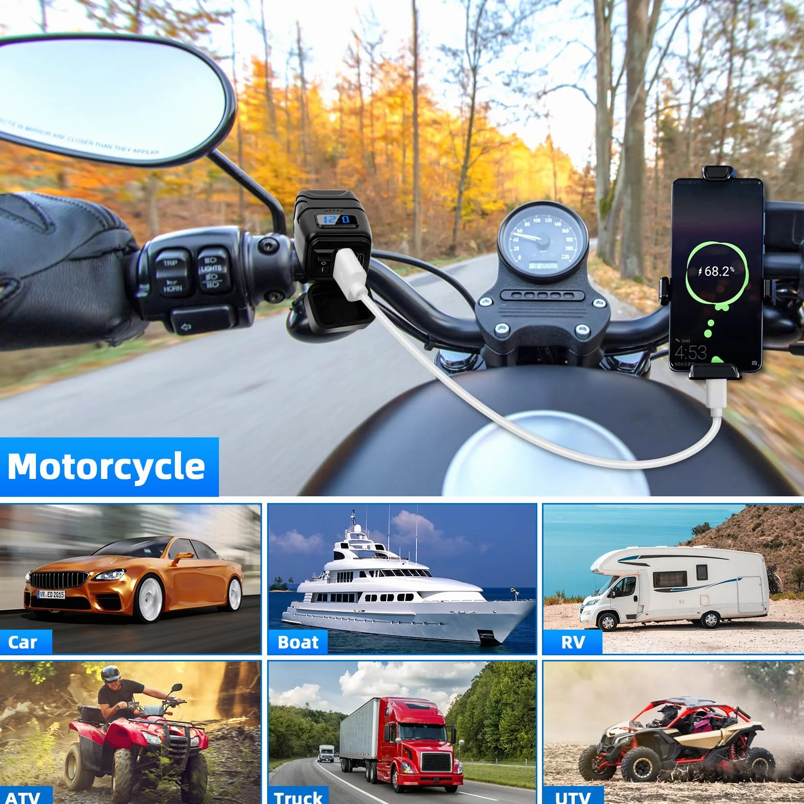 Gniazdo USB do motocykla 12V-24V Quick Charge 3.0 ładowarka PD typu C z włącznikiem i czujnikiem napięcia LED
