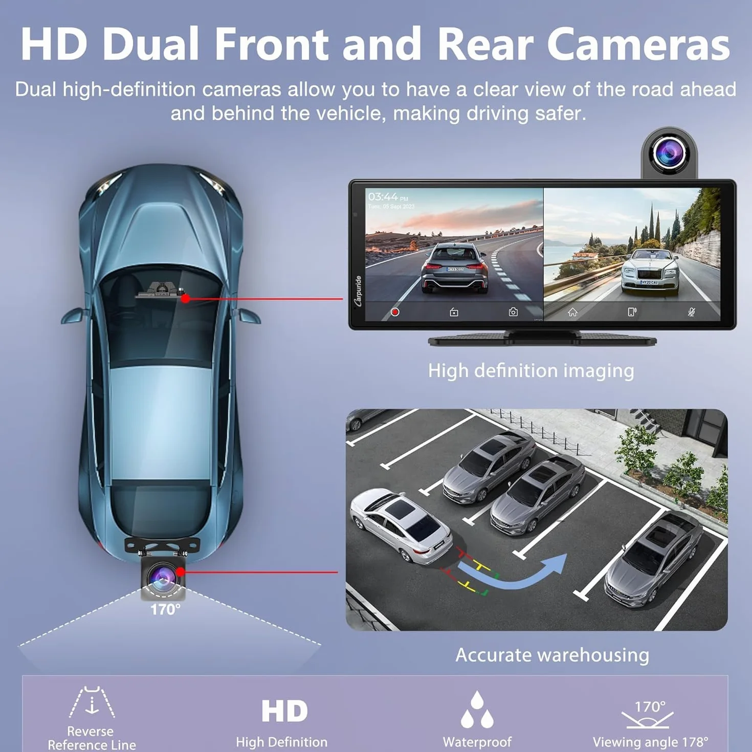 Carpuride Wireless Carplay i Android Auto z kamerą samochodową - 10,26-calowy ekran dotykowy HD IPS Car Play do samochodu, kamera przednia 4K i tylna 1080P, nagrywanie w pętli, dźwięk Bluetooth