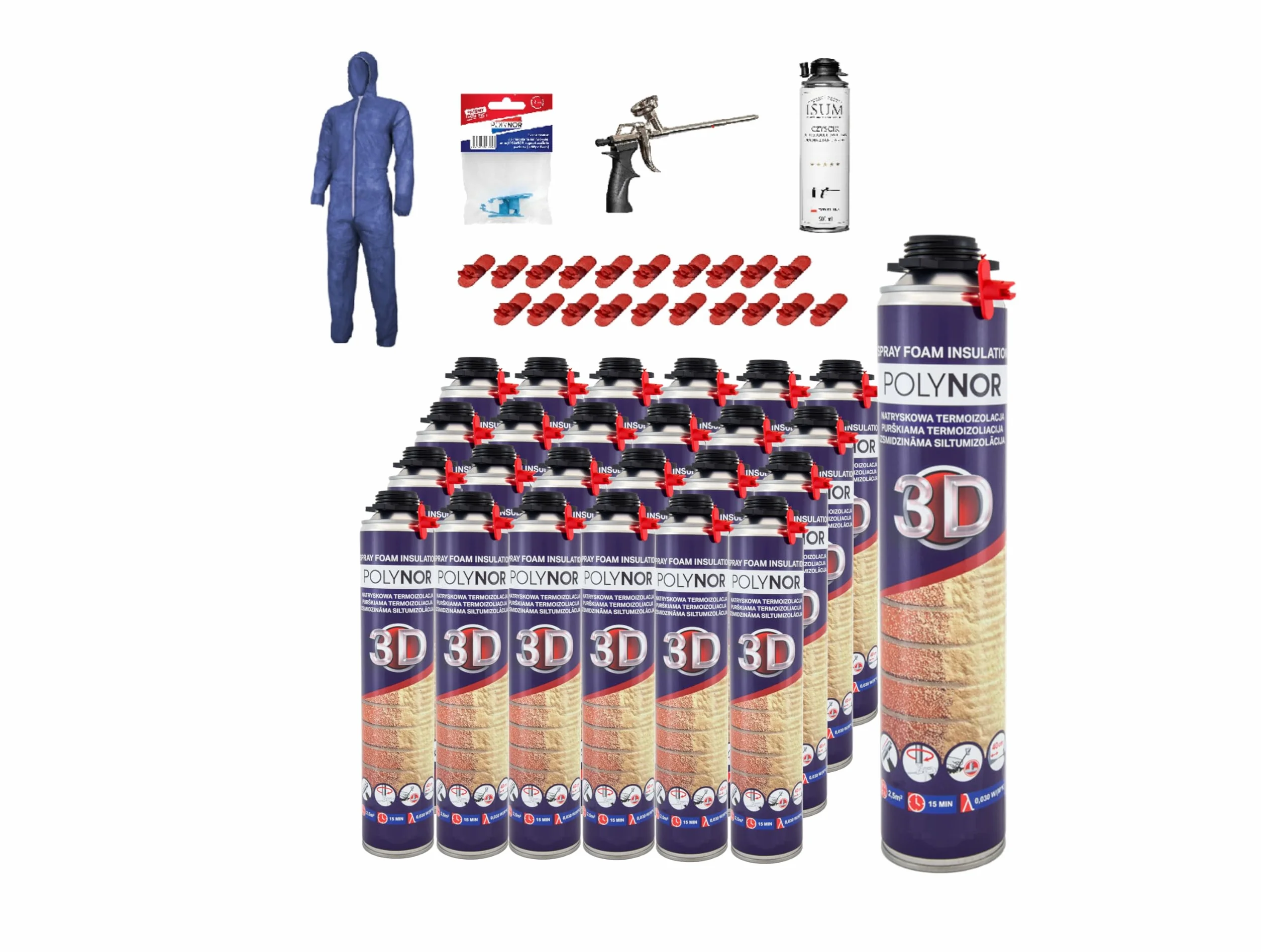 POLYNOR 3D Zestaw do izolacji natryskowej XXL - 24x850ml + akcesoria | natryskowa izolacja termiczna, pianka montażowa PUR, czyścik 500ml, pistolet standard, dysze kątowe, kombinezon
