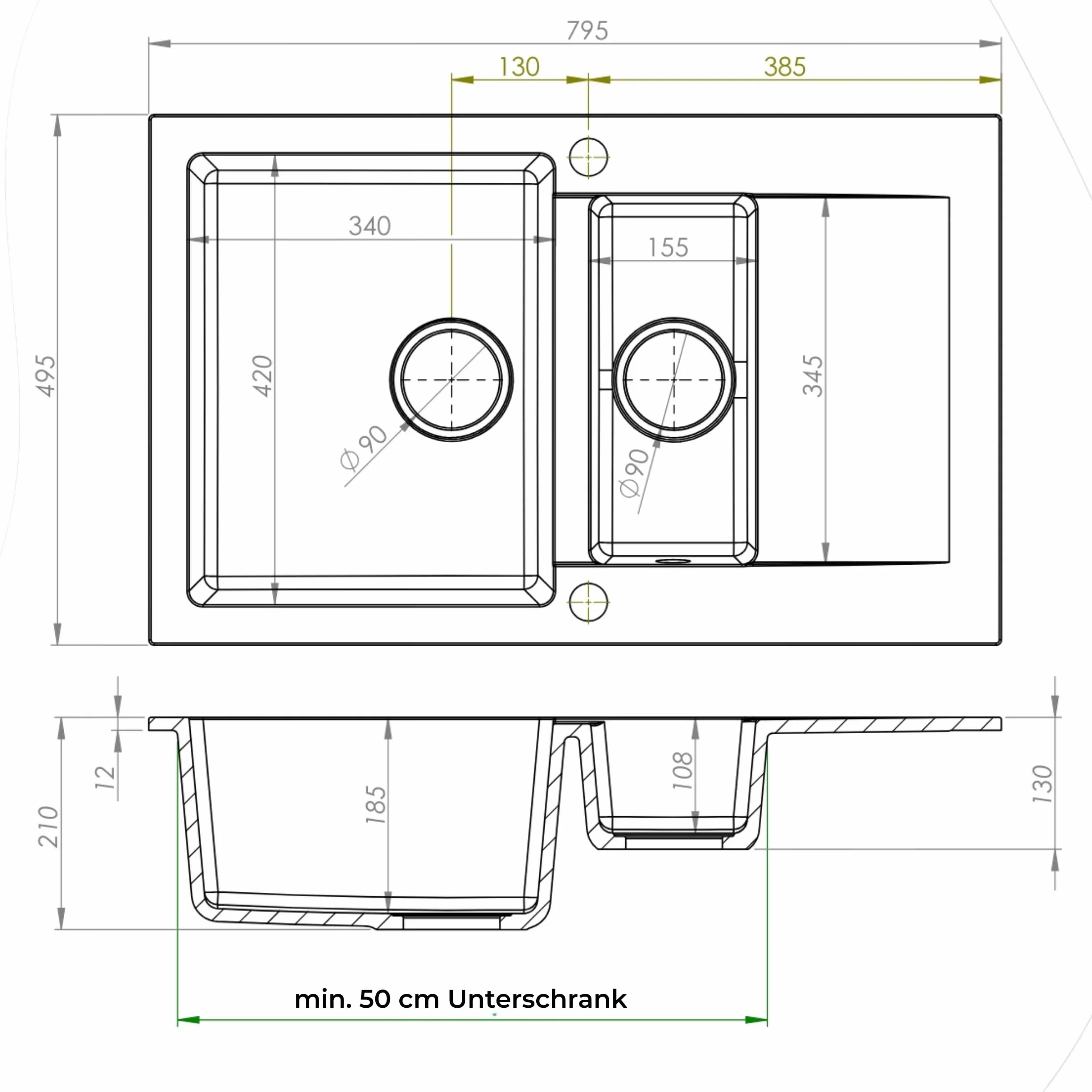 SINK Quality zlewozmywak szary, 79 x 50 cm, zlewozmywak granitowy 1,5 umywalka, zlewozmywak z syfonem i środkiem impregnującym, zlewozmywak kuchenny od szafki pod umywalkę 50