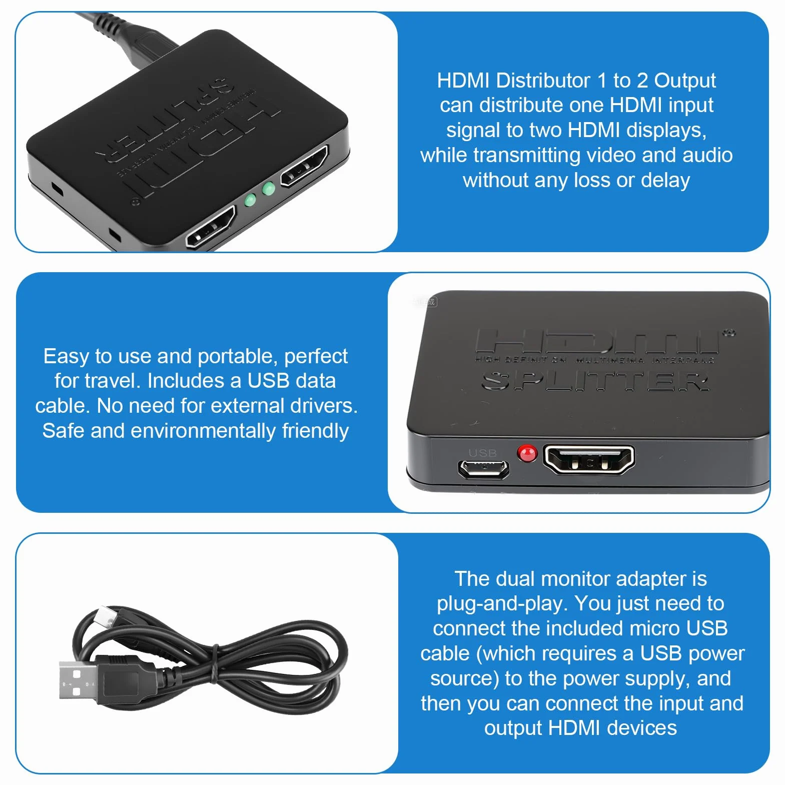 Rozdzielacz HDMI 1 w 2 wyjścia z synchronizacją audio, rozdzielacz HDMI 4K do podwójnych monitorów lustrzany wyświetlacz, do MacBooka, PC, laptopa, komputera stacjonarnego, konsoli do gier