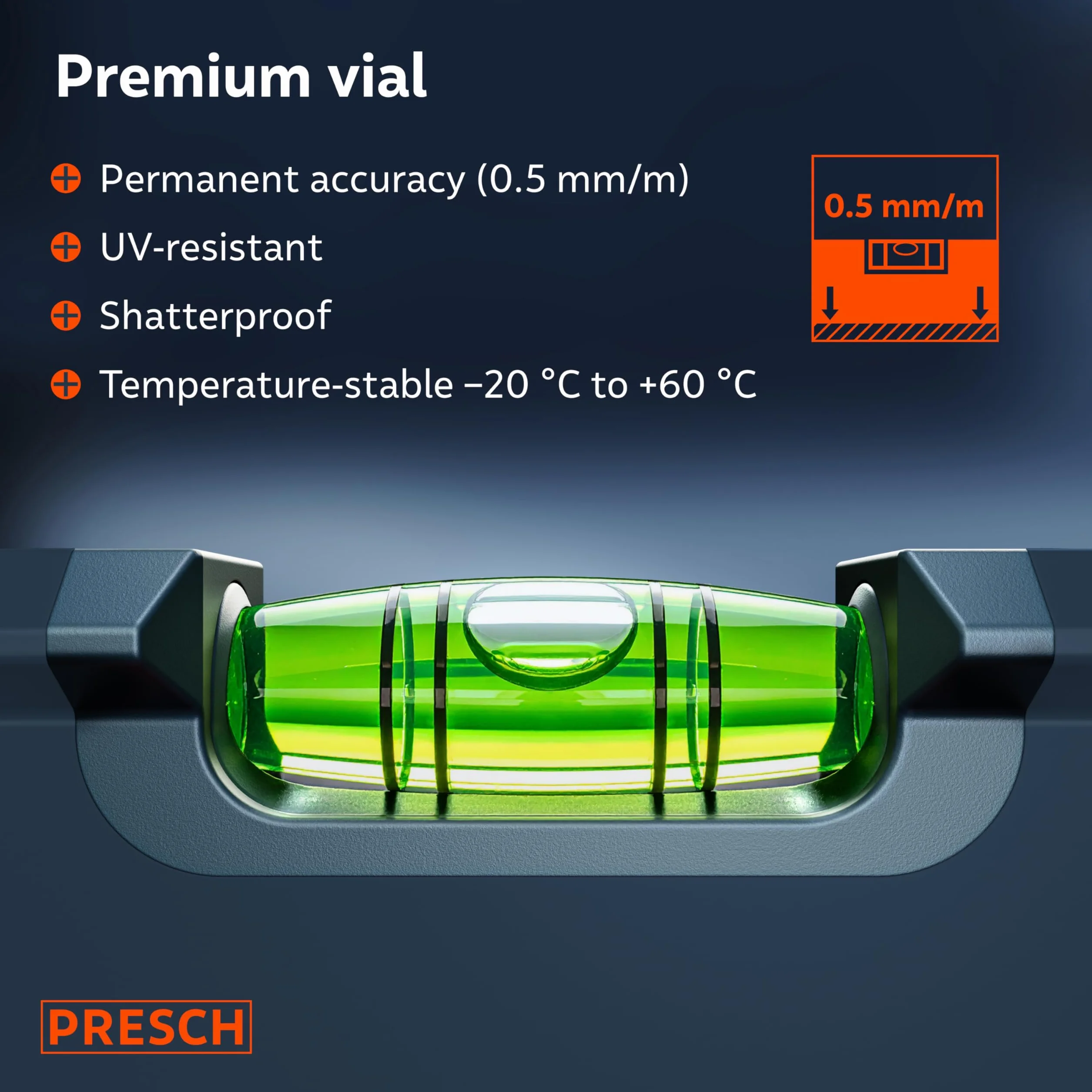 Presch Zestaw poziomic magnetycznych - 40cm, 60cm i 100cm - Niełamliwa ampułka z wskaźnikiem spadku 2% - Okienko do odczytu pionowego - Innowacyjne antypoślizgowe końcówki