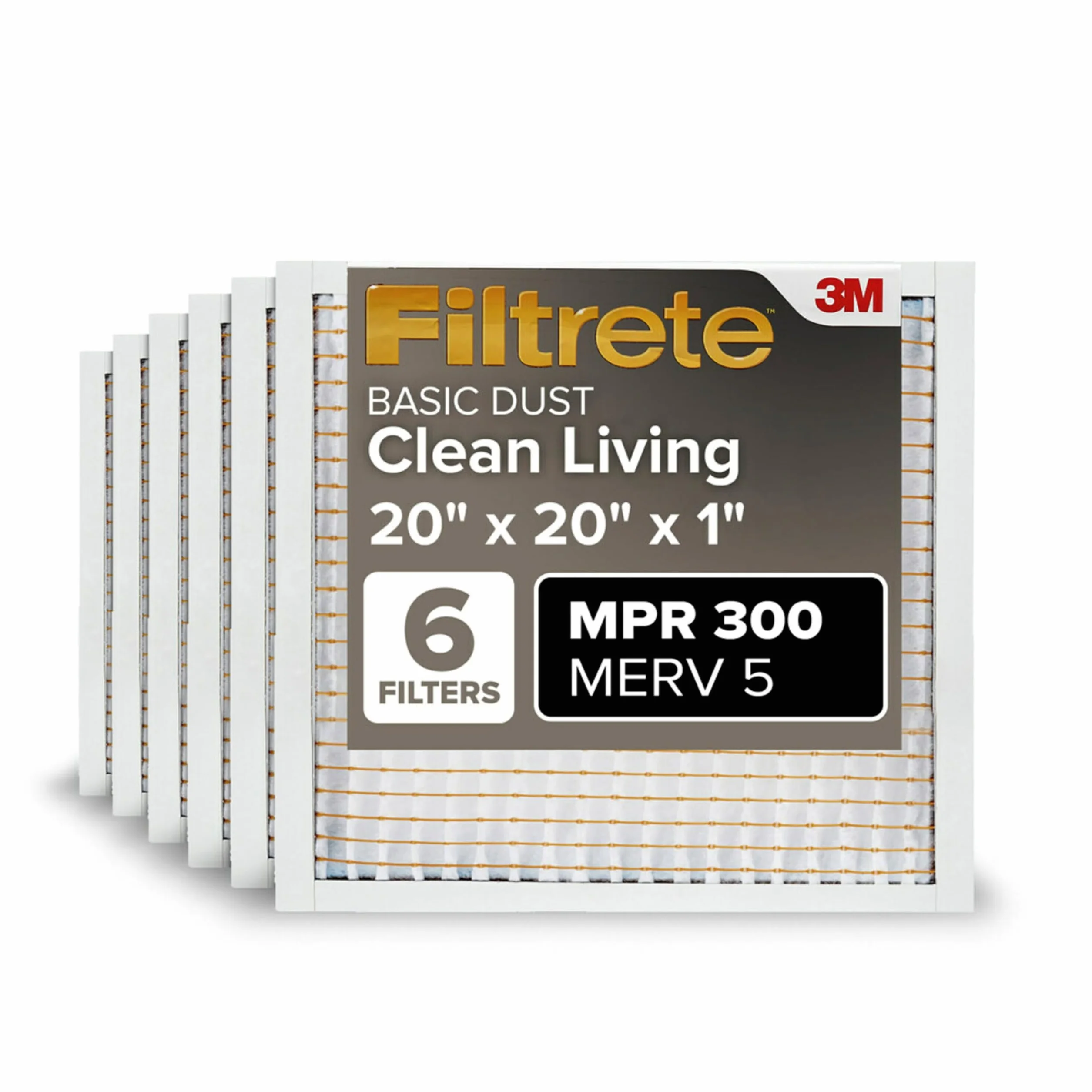 Filtrete Filtr powietrza, 20 x 20 x 1, MPR 300, MERV 5, Clean Living Basic Dust 3-miesięczne plisowane filtry powietrza 1-calowe, 6 filtrów