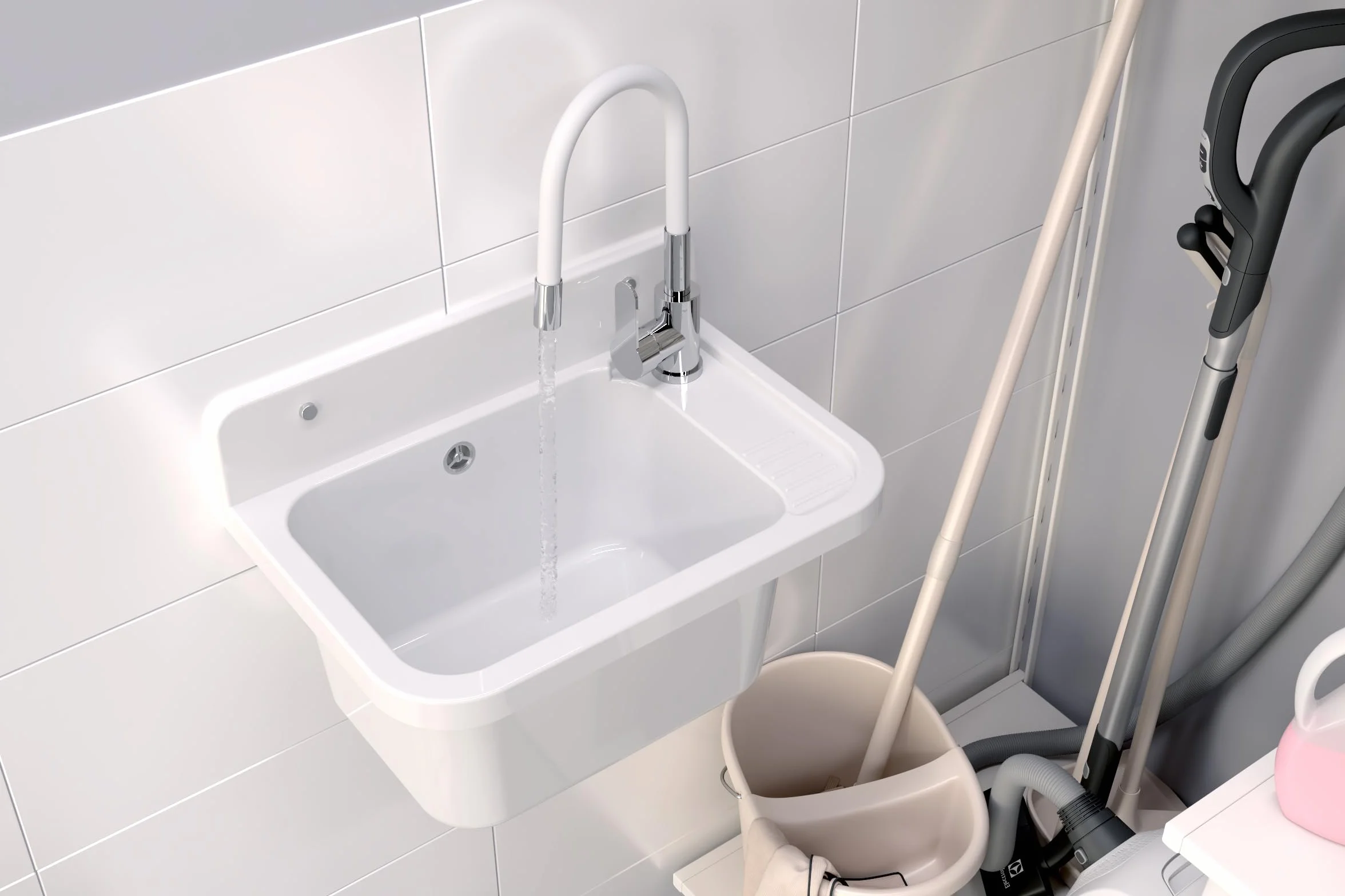 Granitan Umywalka do garażu, piwnicy, warsztatu i pralni – uniwersalne koryto z syfonem – umywalka do montażu na ścianie – 50 x 34 x 31 cm (biała + armatura umywalkowa FLEX)