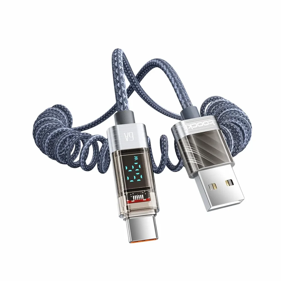 toocki Kabel USB C 6 A, super szybkie ładowanie, 1,8 m, rozciągliwy kabel do ładowania LED, wskaźnik wydajności, kabel spiralny wysokowydajny do Galaxy S24/S23/S22/Huawei P40/Mate 30/Xiao-mi, do