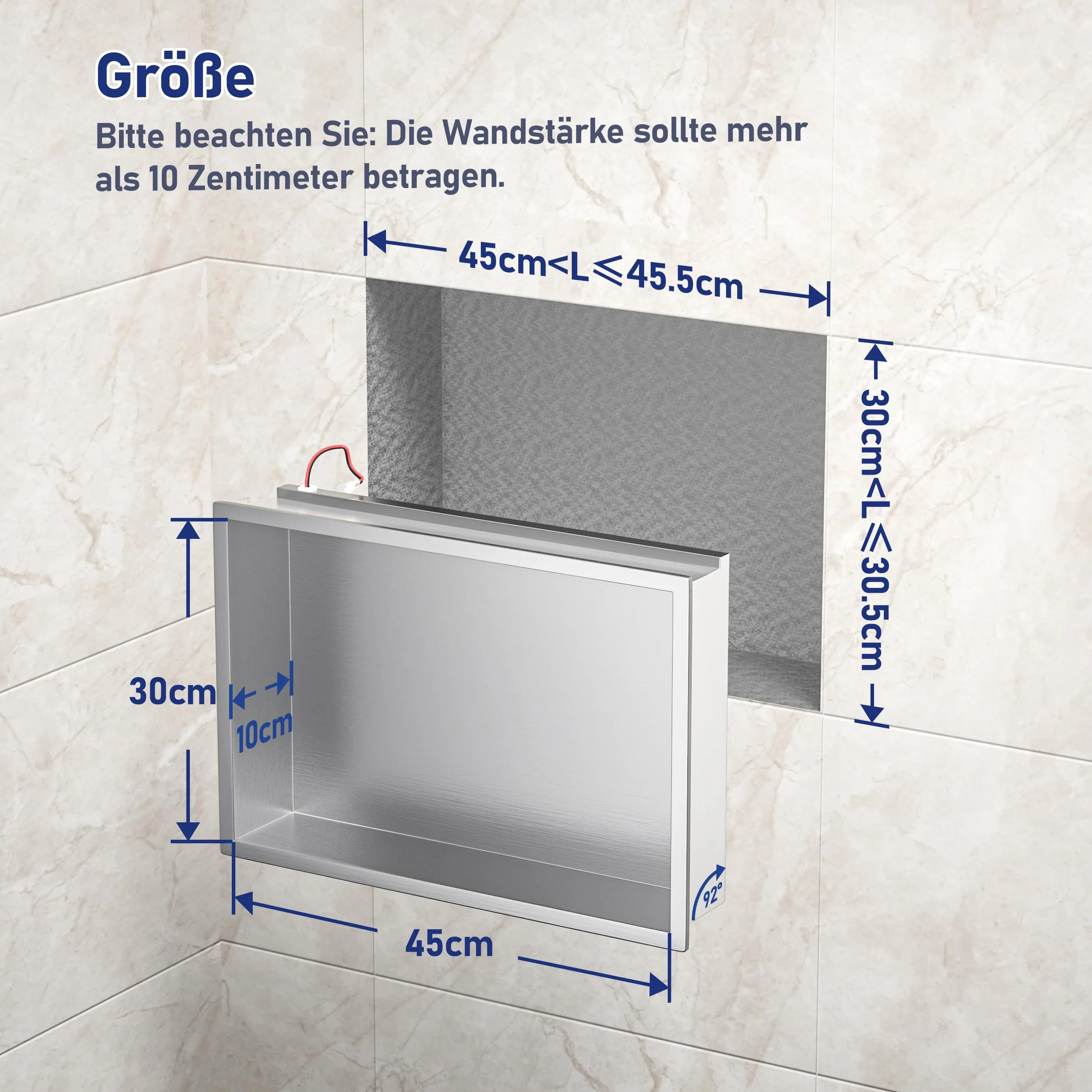 Nisza prysznicowa ze stali nierdzewnej 45 cm x 30 cm szczotkowana, z oświetleniem LED | Wodoszczelna, bez konieczności stosowania płytek – wnękę ścienną do przechowywania w łazience, możliwość montażu nad wanną
