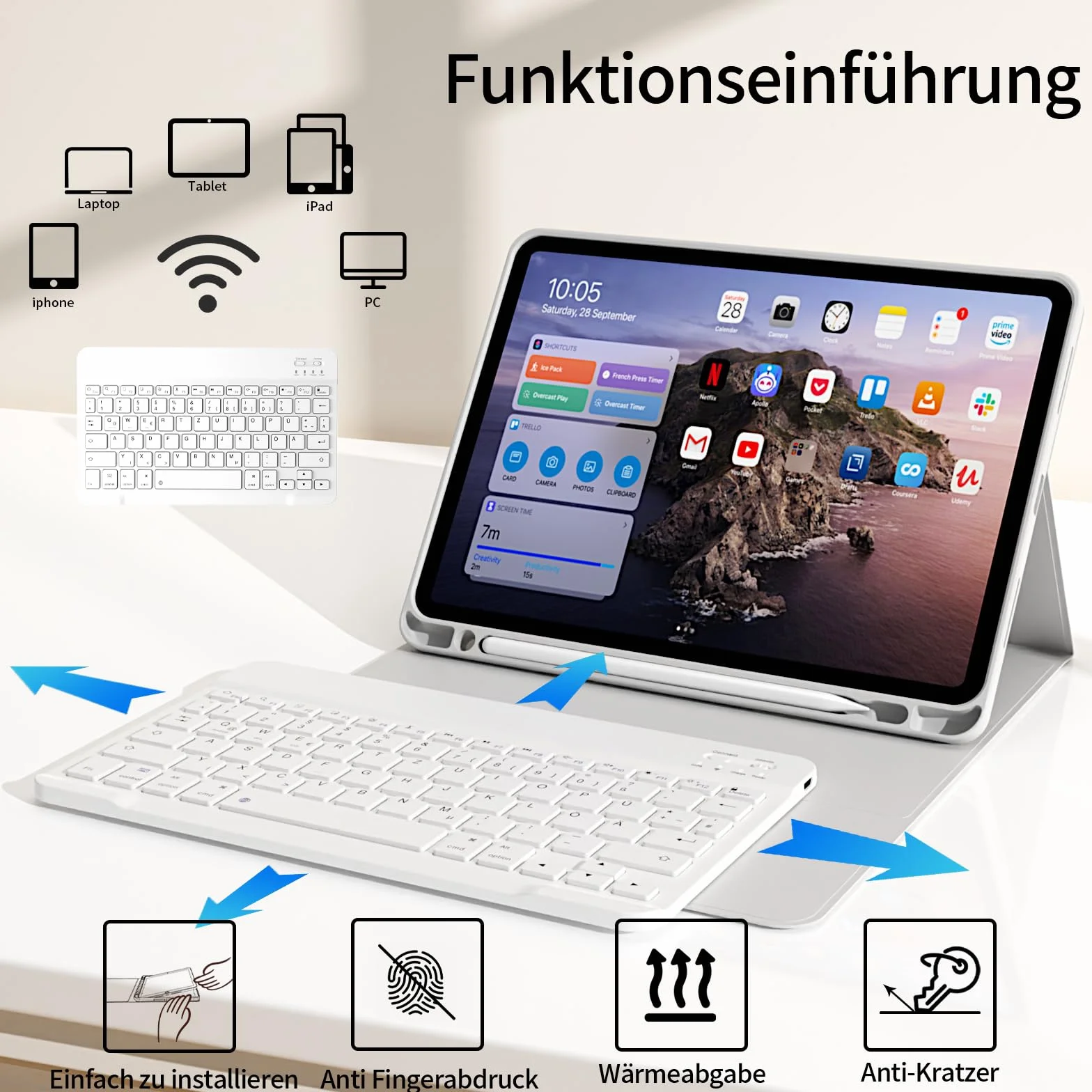 Etui z klawiaturą do iPad Pro 11 4./3./2. generacji 2022/2021/2020, Bluetooth, QWERTZ, szare
