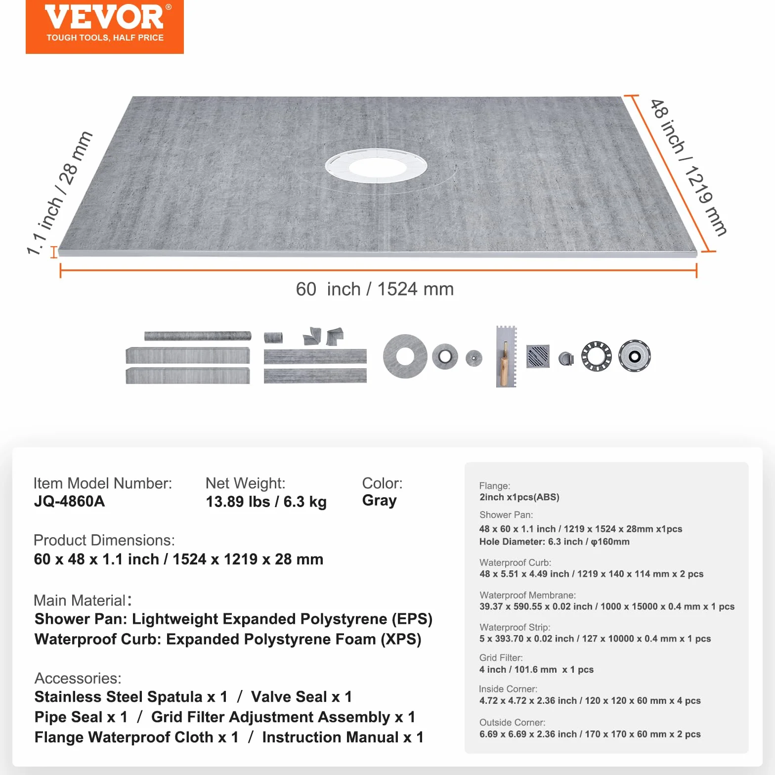 VEVOR Zestaw krawężników prysznicowych 1219 x 1524 mm z kołnierzem centralnym ABS 50,8 mm, wodoodporna membrana, kratka ze stali nierdzewnej i uszczelniacz do fug, drążki pod prysznic pasują do