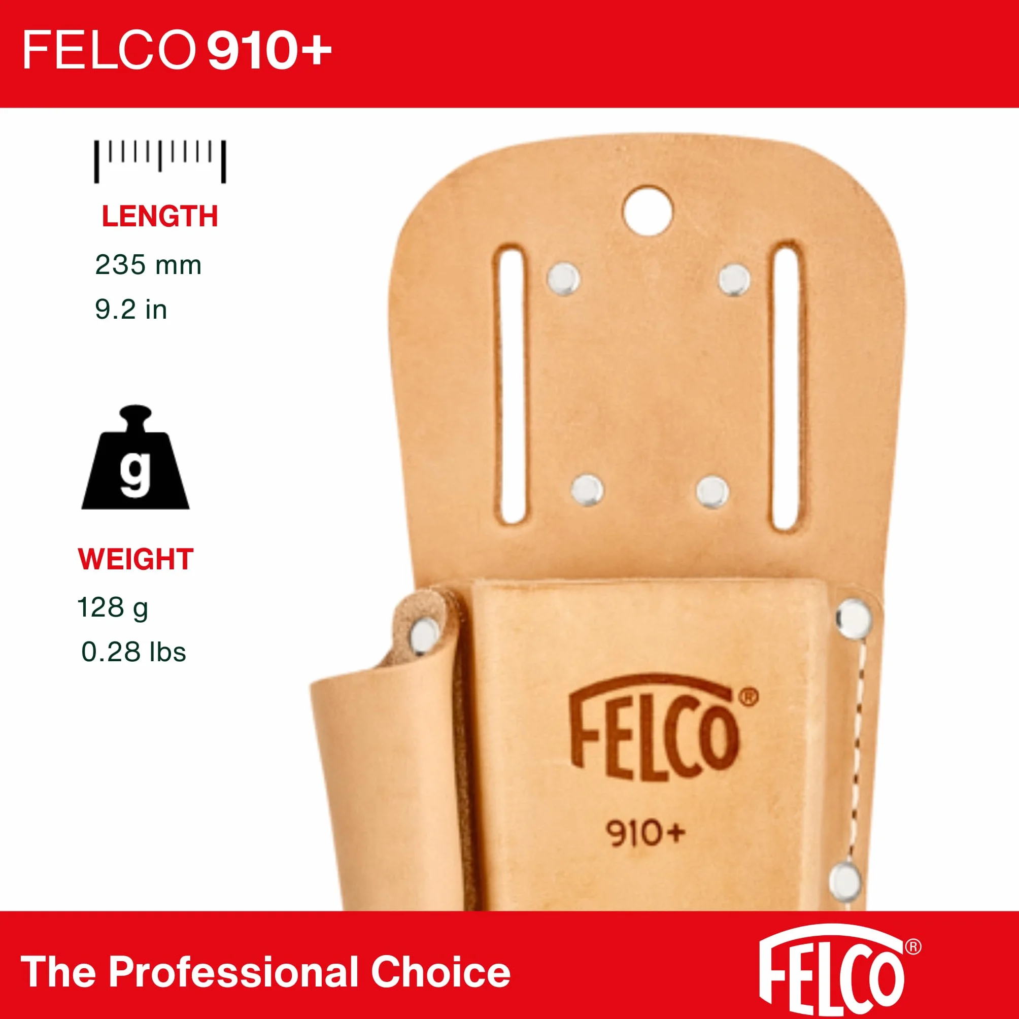 FELCO 910+ skórzana kabura na sekator i osełkę, mocowanie klips lub szlufka, trwały dodatek 120 g, model uniwersalny kompatybilny z FELCO