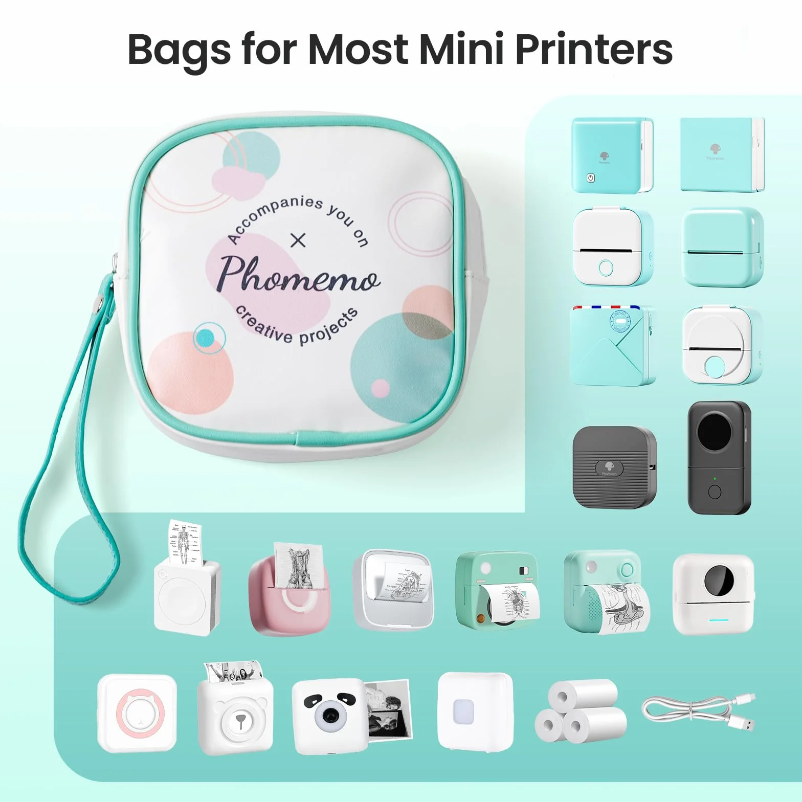 Phomemo torba kompatybilna z mini drukarkami T02, M02, M02Pro, M02S, M02X, M02L, D30, Q30, Q31, Q30S, skóra PU, wodoodporna, zamek, pasek