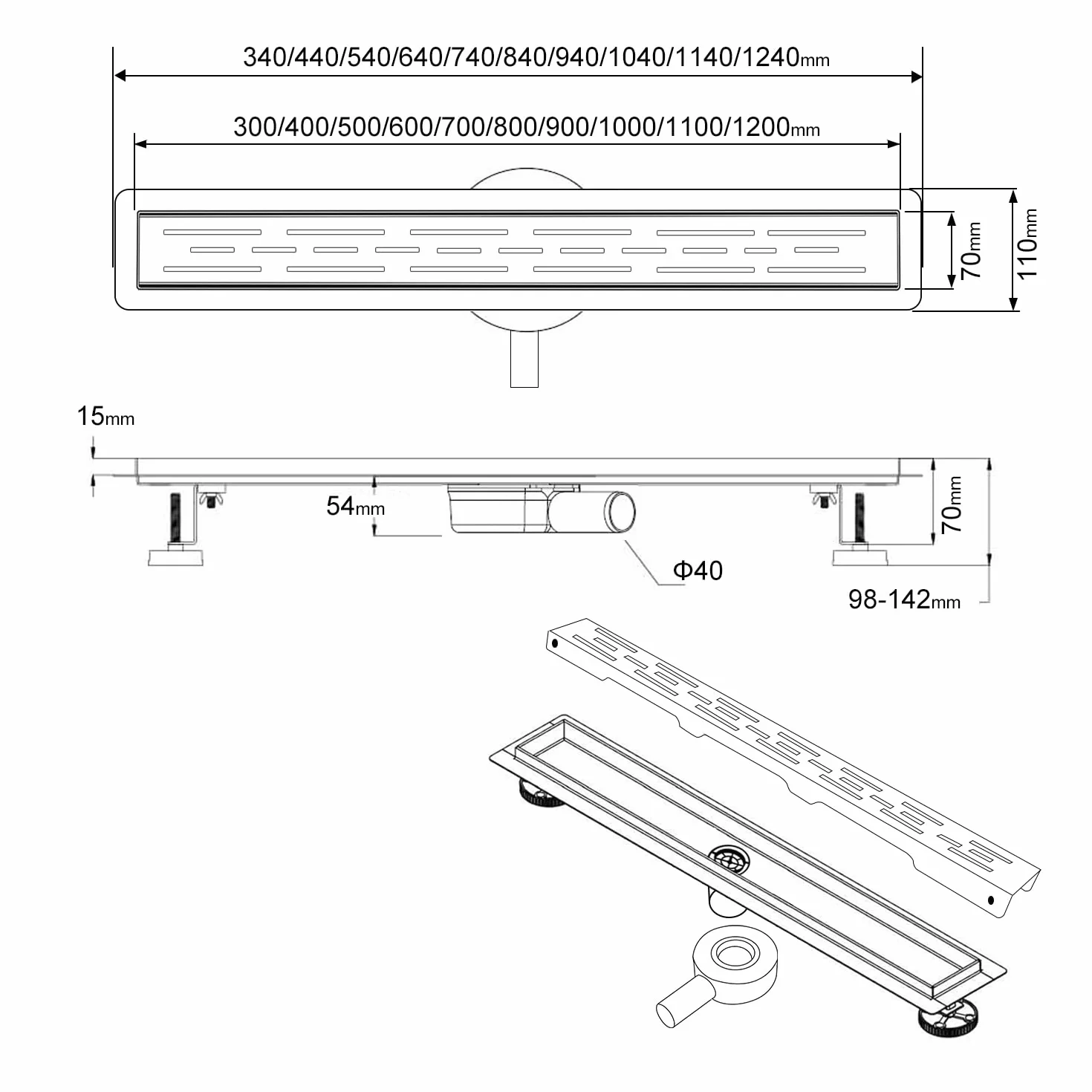 SaniteModar Odpływ łazienkowy liniowy ze stali nierdzewnej 70cm. Panel z otworami liniowymi. Posiada podstawę obrotową o 360 stopni. Odpływ prysznicowy z syfonem i sitkiem do włosów.