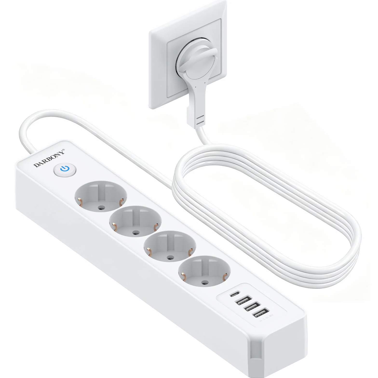 Darbony Listwa zasilająca 4 gniazda USB przełącznik ochrona przepięciem 3680W 16A USB C kabel 1,8m biała