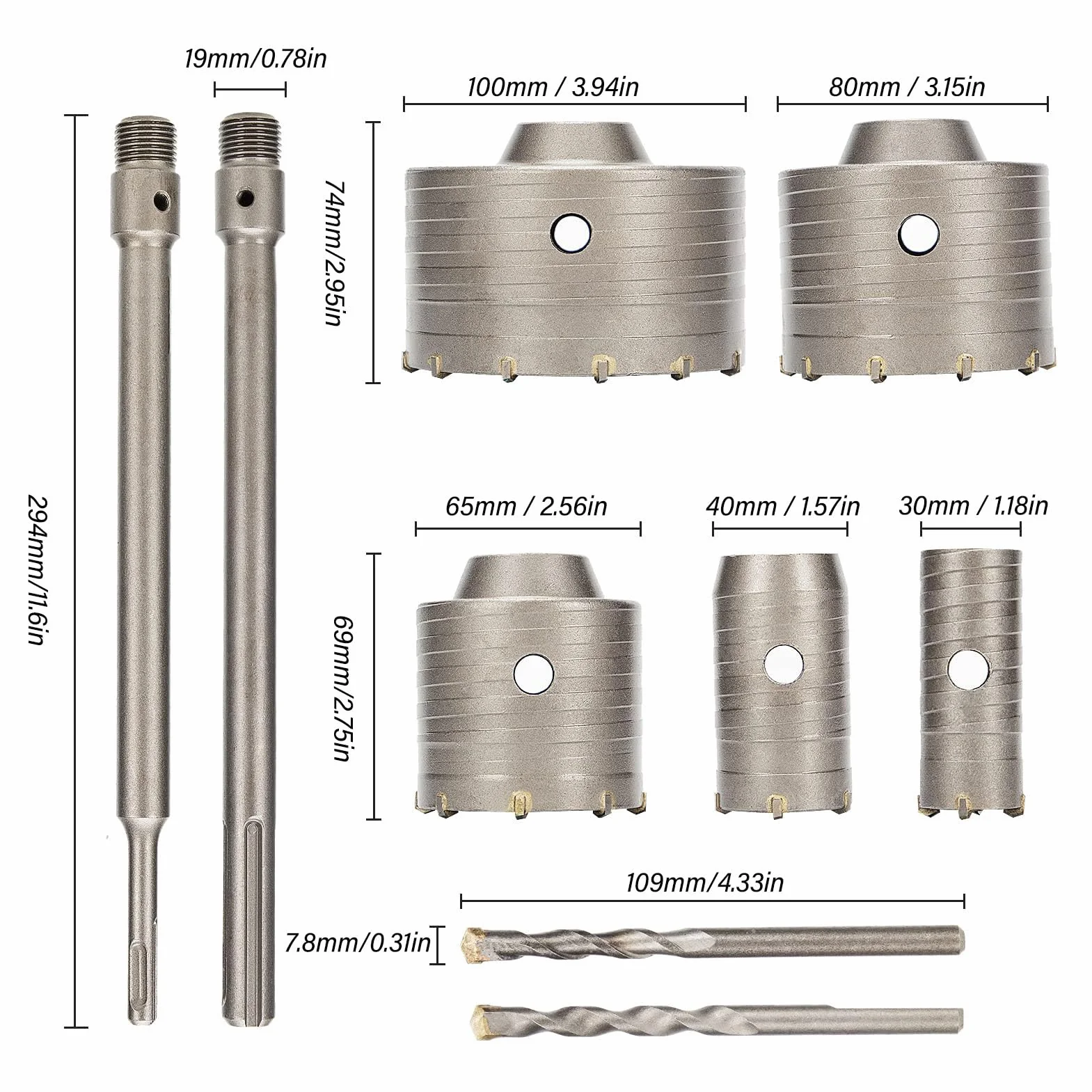 AUNMAS Zestaw wierteł do Otwornic, Otwornica do Betonu ze Stali Wolframowej 30 Mm 40 Mm 65 80 100 do SDS Plus i SDS Maximum User