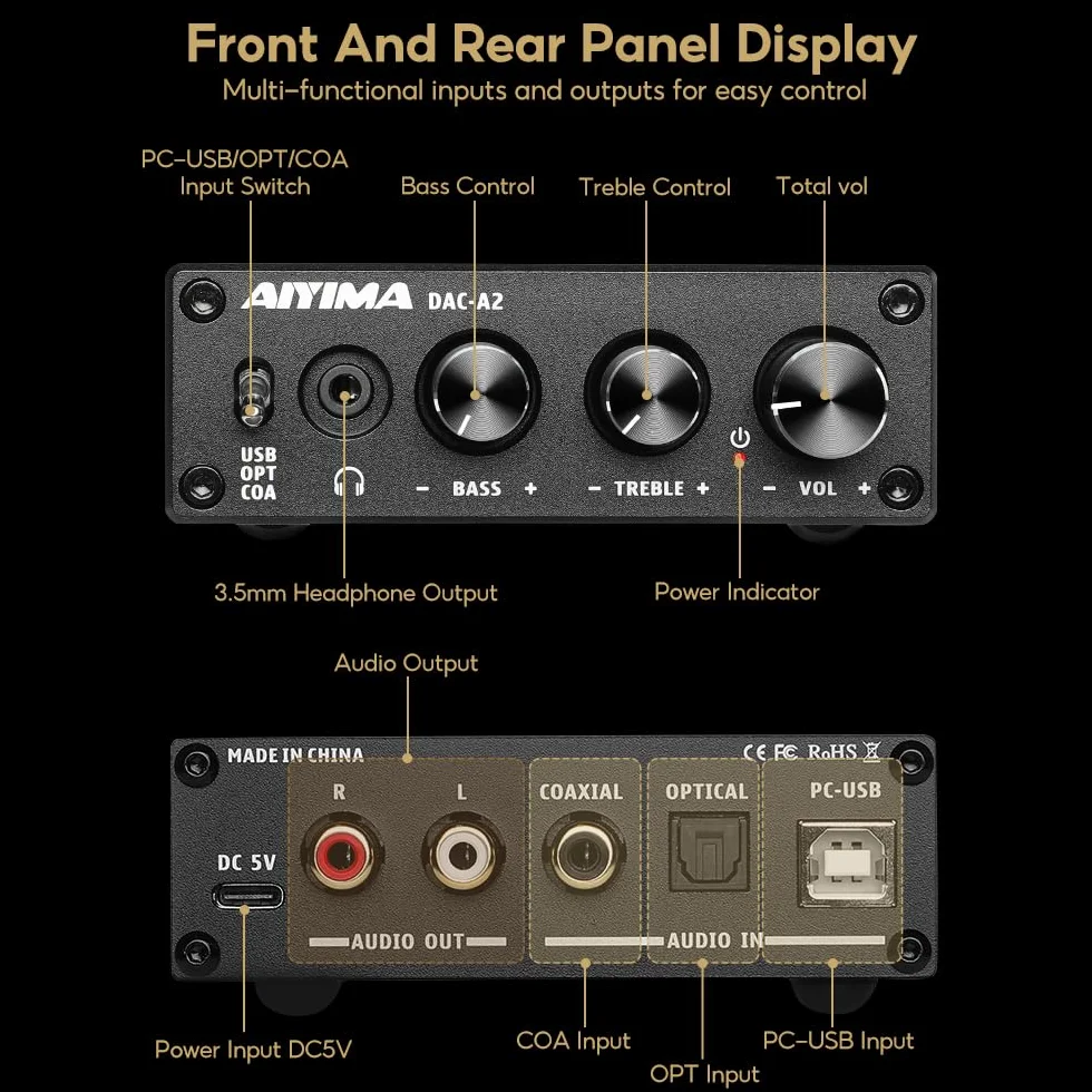 AIYIMA DAC-A2 mini dekoder audio DAC USB 24-bit 192 kHz koncentryczne optyczne do RCA wyjście słuchawkowe