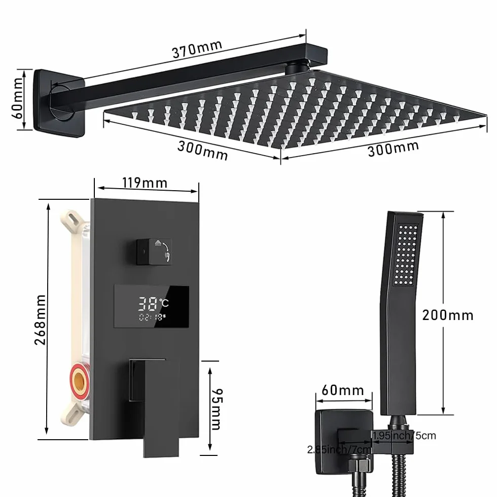 System prysznicowy, czarny, podtynkowy, armatura prysznicowa, 30 x 30 cm, system prysznicowy z wyświetlaczem LCD, deszczownica czarna, słuchawka prysznicowa 200 mm, mosiężny korpus, wąż prysznicowy