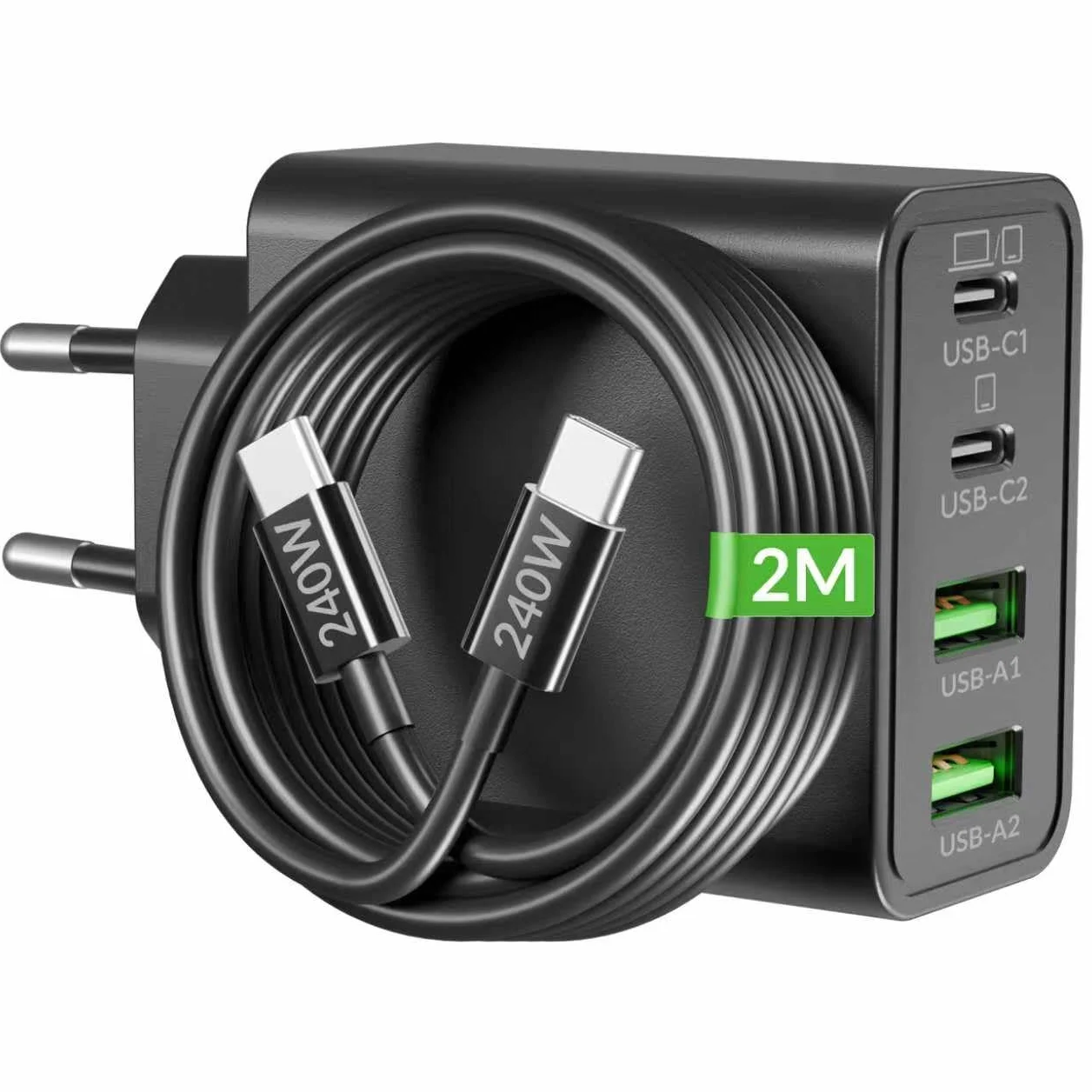 65 W ładowarka USB C, 4-portowy 65W szybki zasilacz z kablem 240W 2M typ C do MacBook Pro/Air, tablet, iPad, iPhone 17/16/15 Pro Max, Samsung Galaxy S25/S24/S23 Ultra, ładowarka USB-C/A Adapter