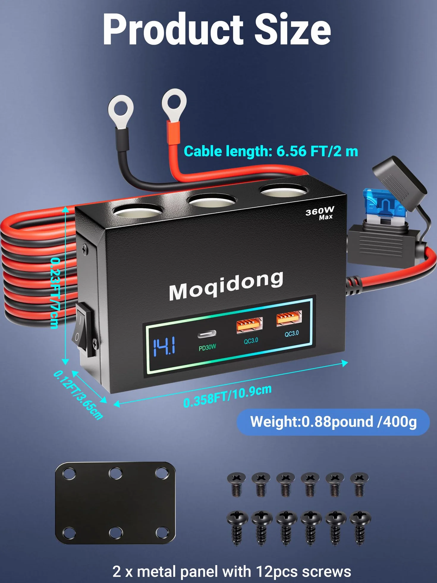 Adapter do zapalniczki samochodowej 360 W z zaciskiem oczkowym: 15 A metalowe gniazdo zapalniczki 12 V 30 W USB C gniazdo zasilania samochodowego 12 V rozdzielacz łódź port ładowania USB