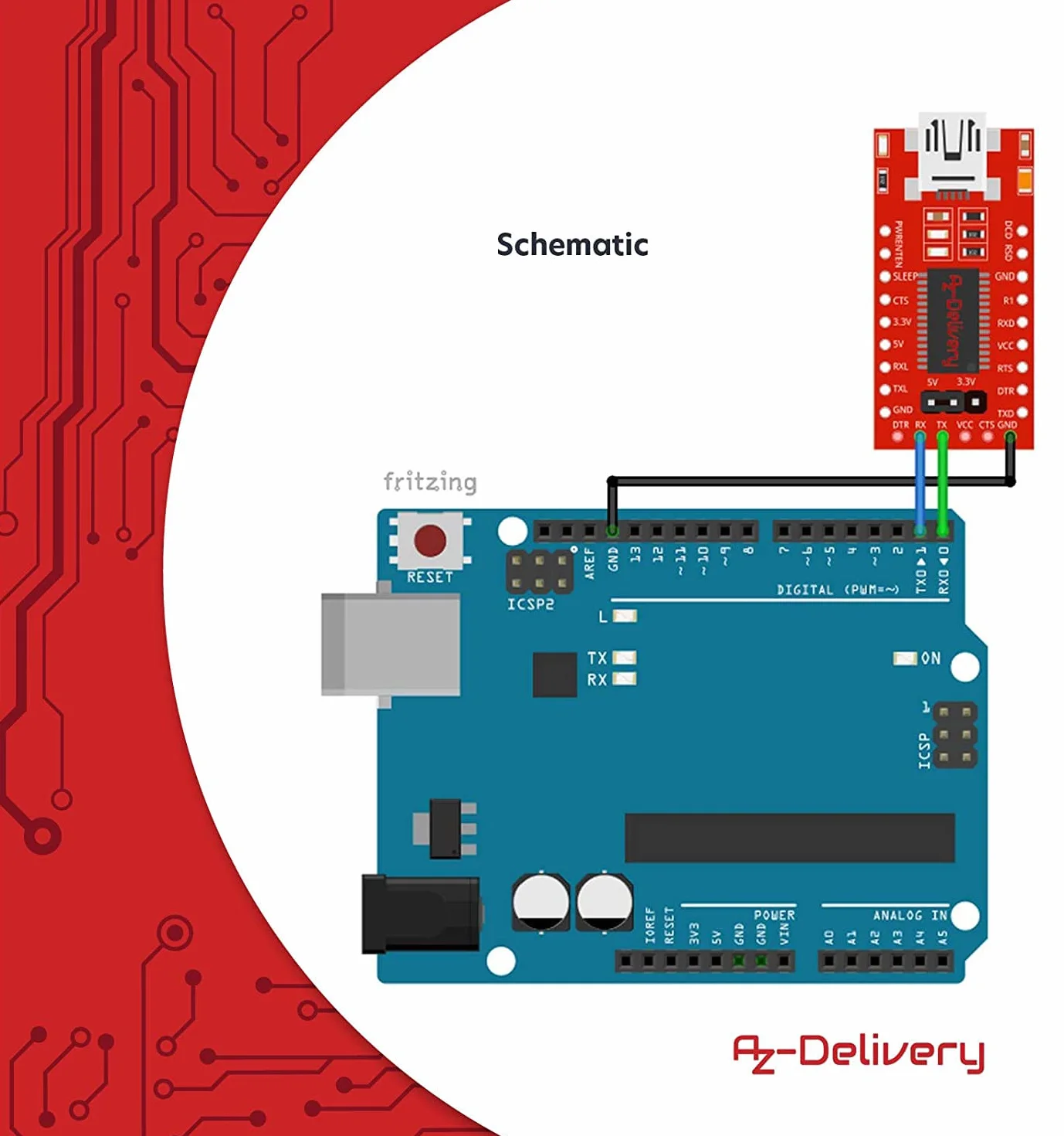 AZDelivery Adapter szeregowy Compatible with FT232RL USB na TTL dla 3,3 V i 5 V kompatybilny z Arduino wraz z e-book!